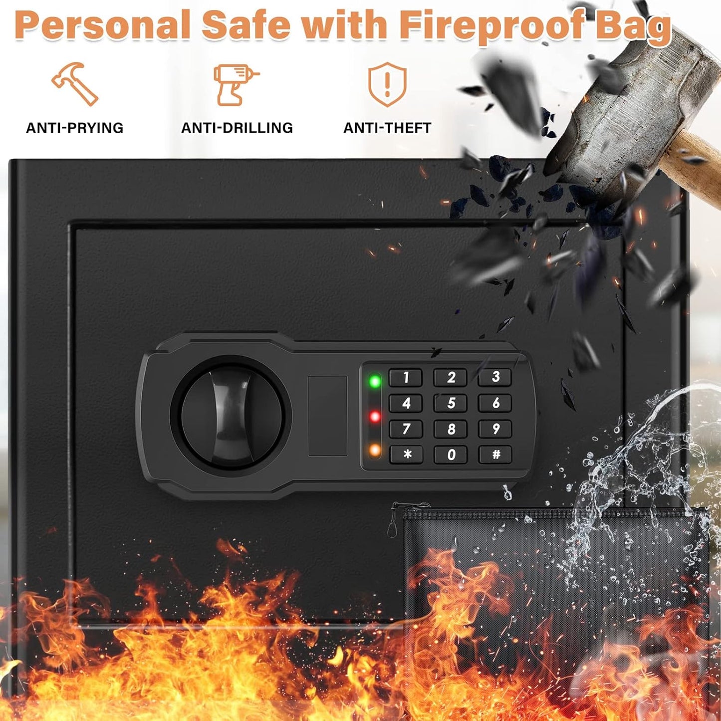1.2 Cubic Home Safe with Fireproof Bag, Anti-Theft Safe Box for Pistol, Money, Medicine & Documents