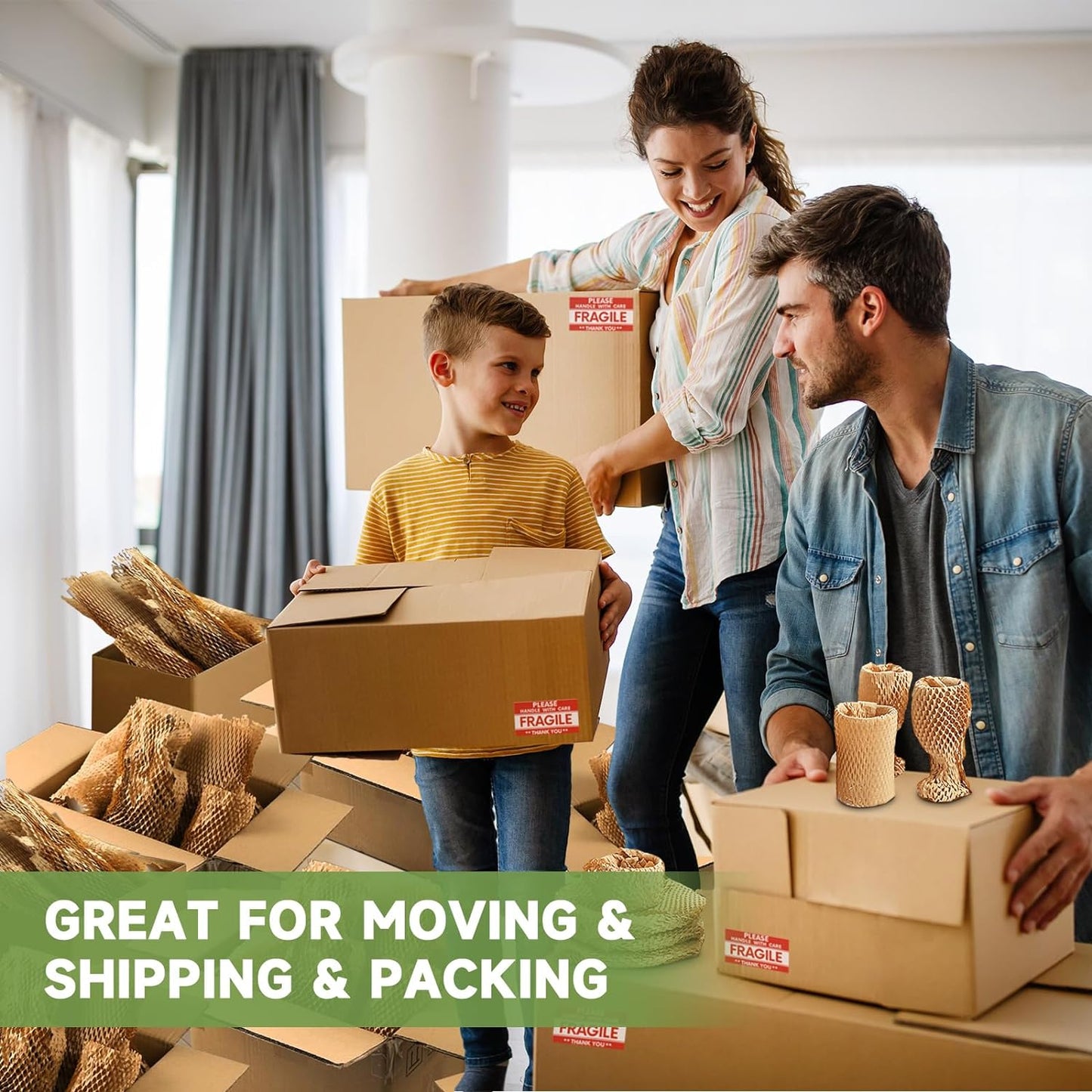 Honeycomb Packing Paper Wrap 15''x328', Substitute Alternative for Bubble Cushioning Wrap for Moving Shipping Packaging, Recyclable Moving Supplies with 48 Fragile Sticker Labels