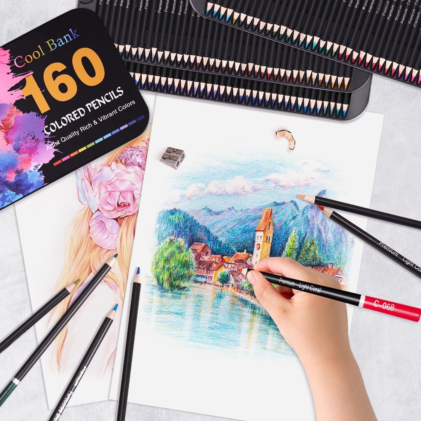 160 Artist Colored Pencils, Oil Colored Pencils for Adult Coloring Books, Soft Core with Vibrant Colors for Artists and Beginners, Coded Pencils for Detailing, Shading & Blending, Packed in Metal Box