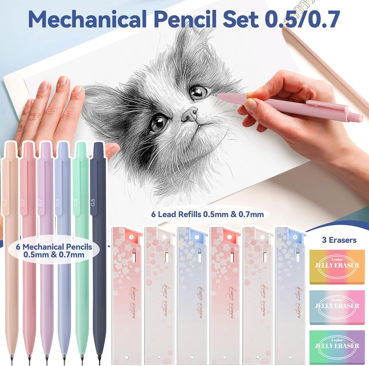 61 PCS Aesthetic School Supplies with Cute Pen Case, Pastel Highlighters, Gel & Erasable Pens, Mechanical Pencils, Refills, Complete Essentials Stationery Kit for Students (Blue)