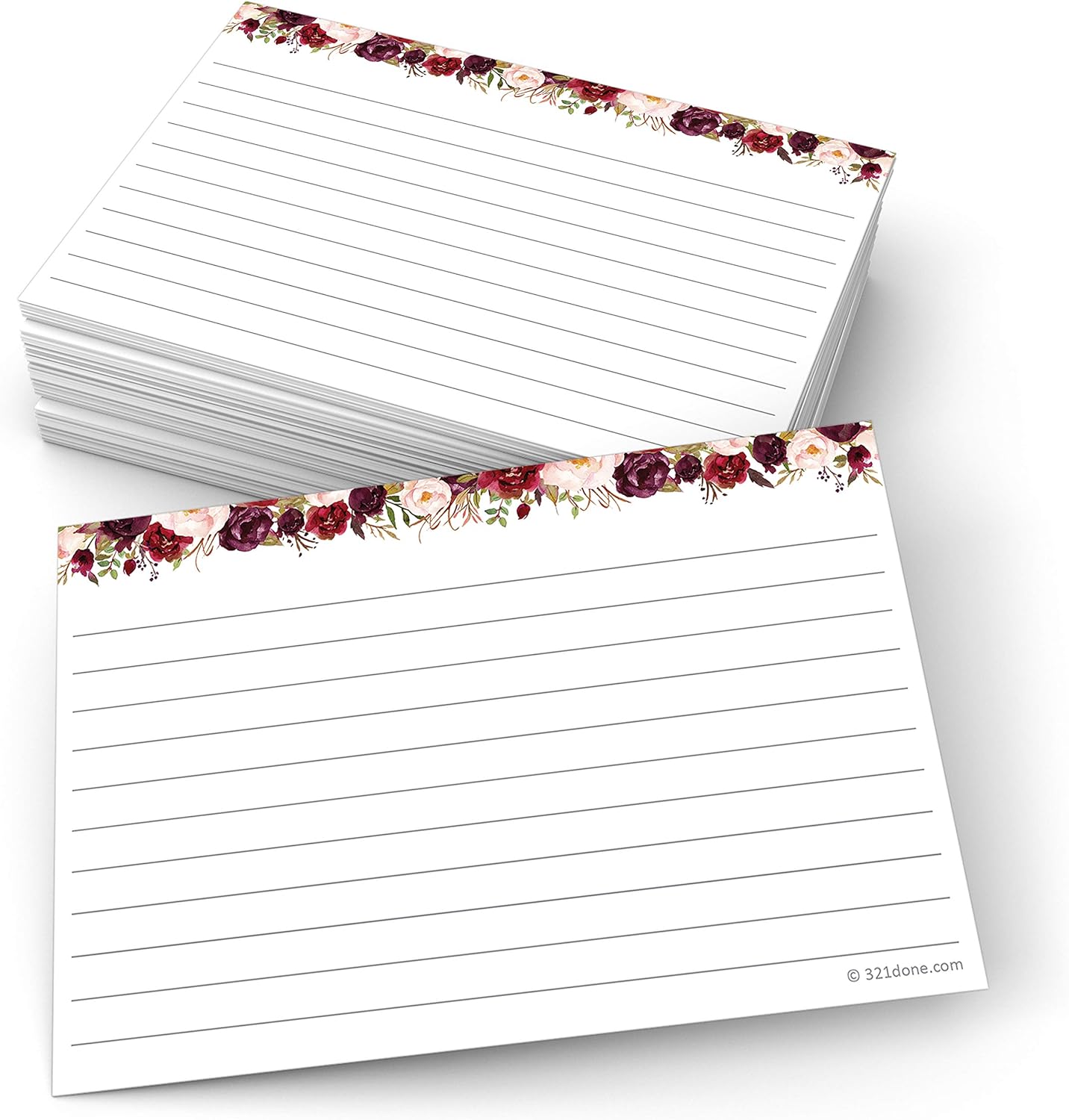 321Done Floral Ruled Index Cards - Made in USA - Large 4x6 (Set of 50), College-Ruled Lined Notecards Double-Sided, Thick Heavy Duty Cardstock, Cute Pretty Flowers Red Roses on White Note Cards Lines