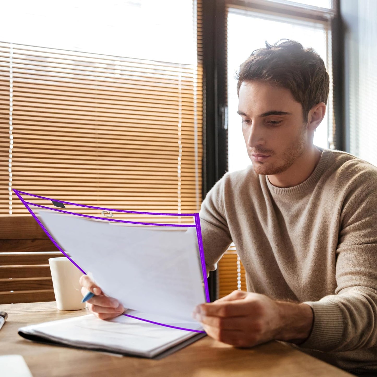 100 Packs Oversized Reusable Dry Erase Pocket Sleeves with 6 Rings, 20 Assorted Colors 10x14 Ticket Holders, Clear Plastic Sheet Protectors, Teacher School Classroom Supplies