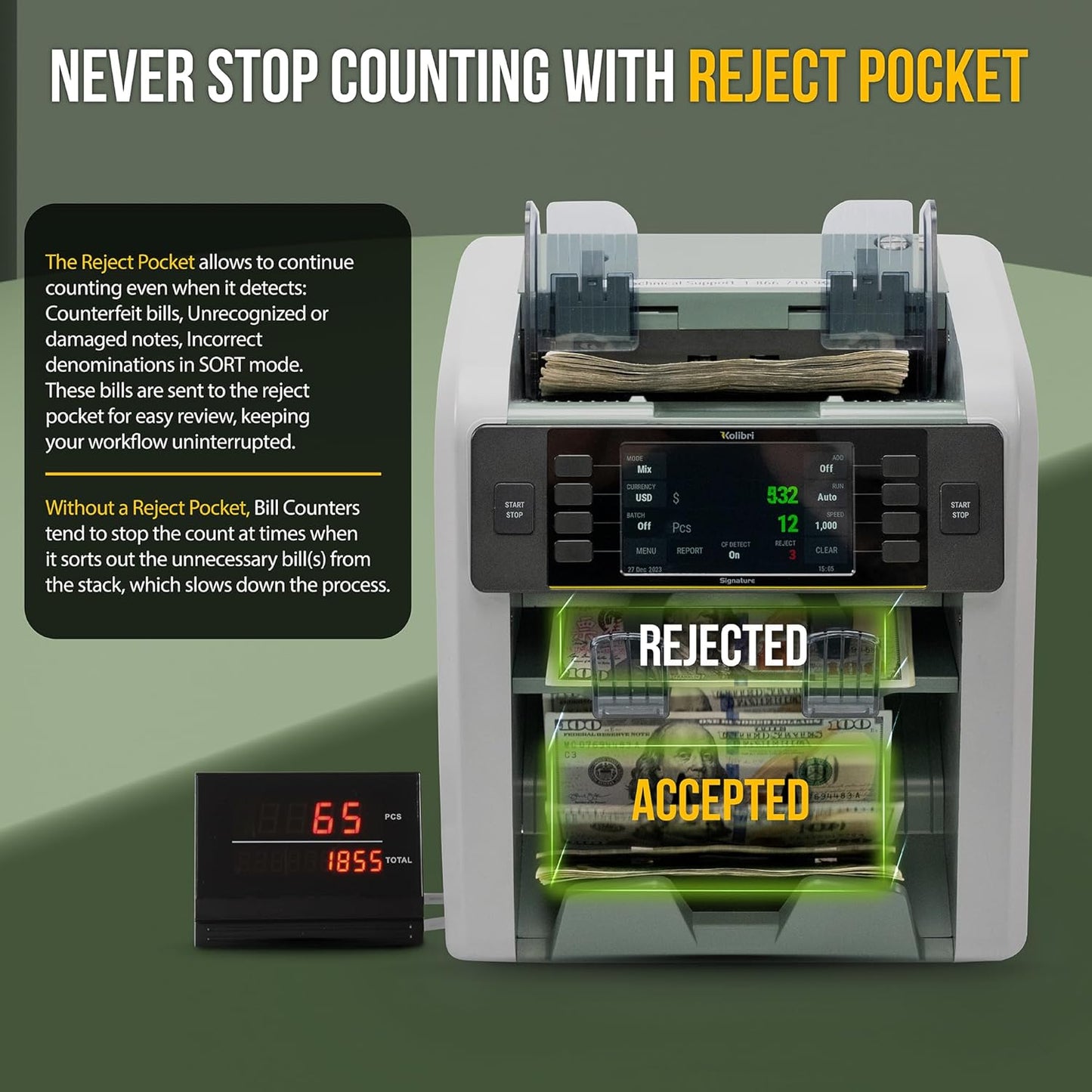 KOLIBRI Signature Bank-Grade Money Counter Machine Mixed Denomination | 2-Pocket Cash Counter Machine, Currency Discriminator | 3-Year Manufacturer's Warranty | 2 CIS UV/MG IR/MT SN/DV IRT