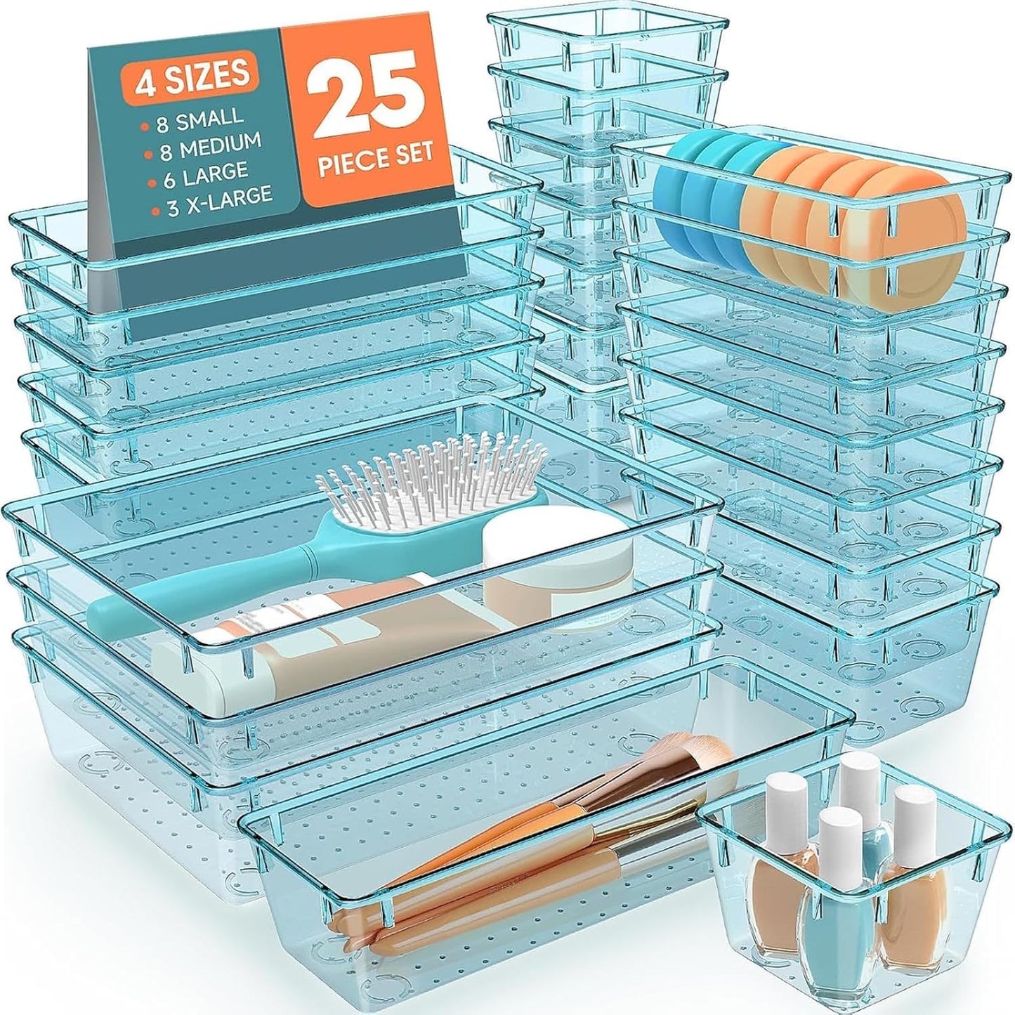 25 PCS Plastic Drawer Organizer Set, 4-Size Versatile Organizer Trays & storage Bins for Makeup, Jewelry, and Gadgets in Bathroom, Bedroom and Office, Sea Blue