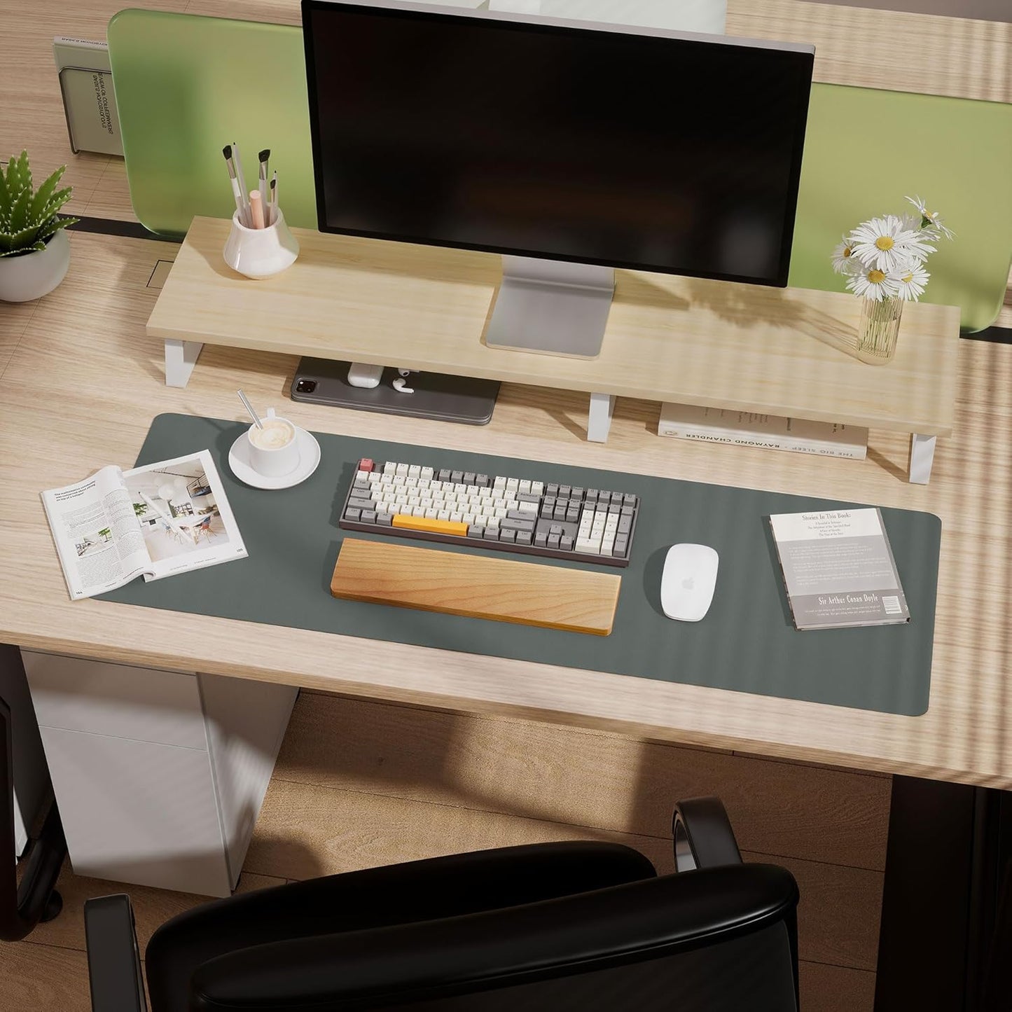 Aothia Leather Desk Pad Protector - Large Mouse Pad, Office Mat, Non-Slip PU Leather Blotter, Laptop Desk Pad, Waterproof Writing Pad for Office and Home (Jungle Green, 38" x 13.7")