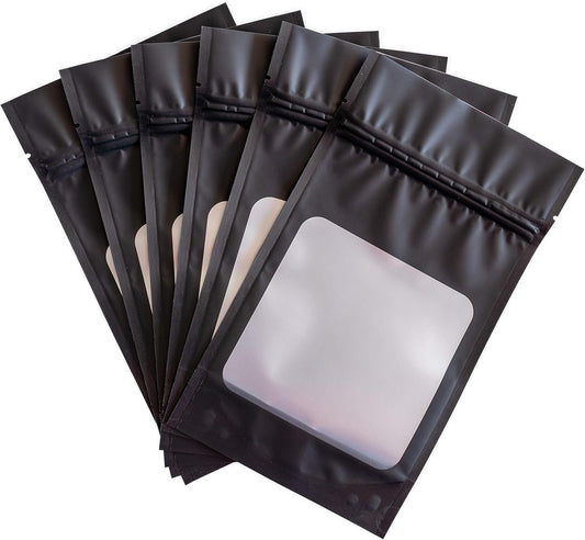 HANSER | Smell Proof Odorless Mylar Resealable Foil Pouch Bags with clear Window | Stand up bottom | Airtight | matte black | 100 Pieces | 4.8x8.2 Inches