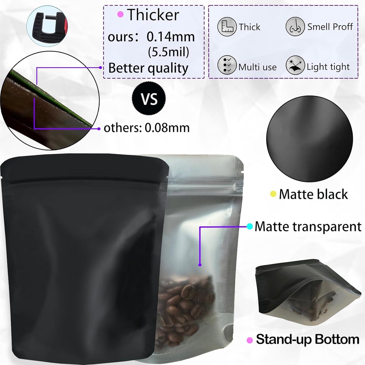 20 Pack Big Mylar Bags, 14 x 18.5 inchs Premium Smell Proof Bags with Double-sided Matte Design ，Resealable Food Storage Aluminum Foil Stand-up Packaging Bags. (1 LB / 1 Pound)