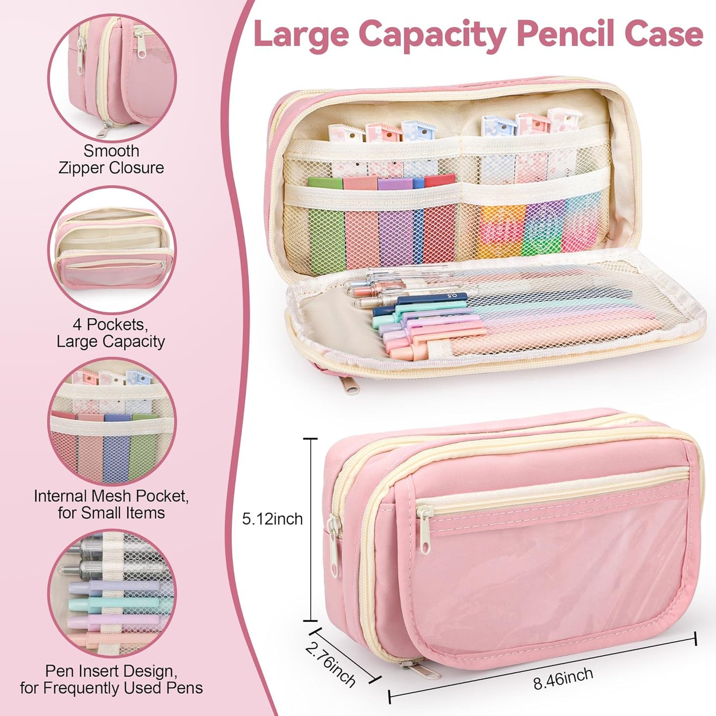 61 PCS Aesthetic School Supplies with Cute Pencil Case, Pastel Highlighters, Gel & Erasable Pens, Mechanical Pencils, Refills, Complete Essentials Stationery Kit for Students (Pink)