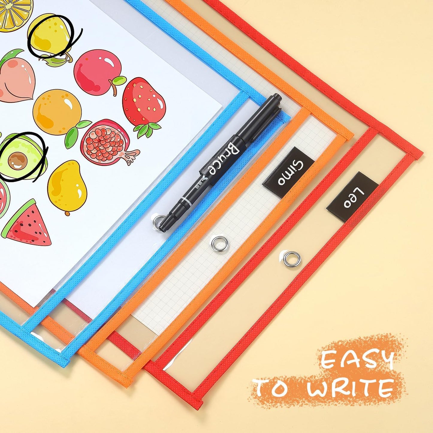 20 Pack Dry Erase Pockets with Rings, 10 x 14 Inch Ticket Holders Clear Plastic Sleeves Sheet Protectors for Teacher Classroom Sleeves, 10 Assorted Colors