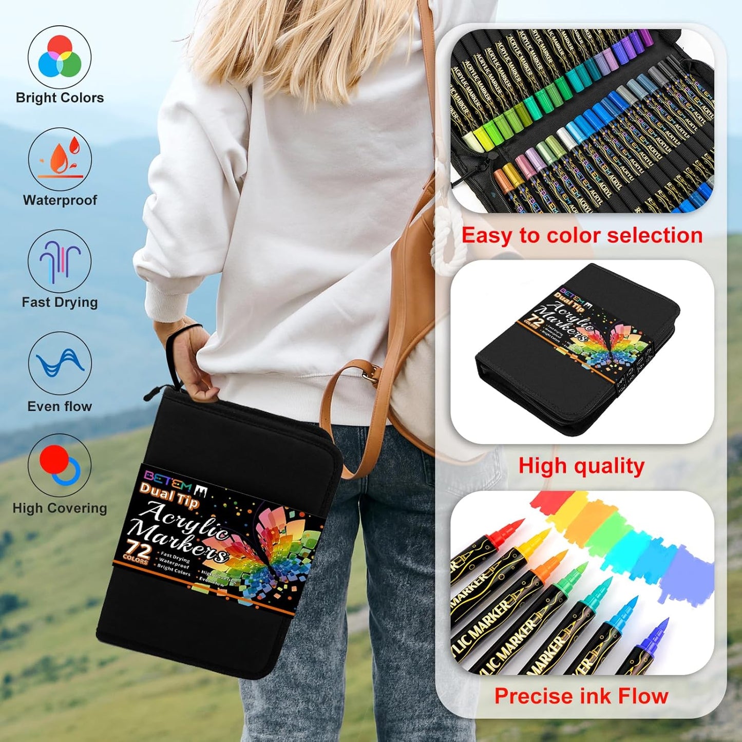 Betem Paint Markers Acrylic Paint Pens, Dual Tip 72 Colors Acrylic Markers with Brush Tip and Fine Point, Art Supplies for Wood, Canvas, Stone, Glass, Rock Painting Kit DIY Crafts Drawing Kit with Bag
