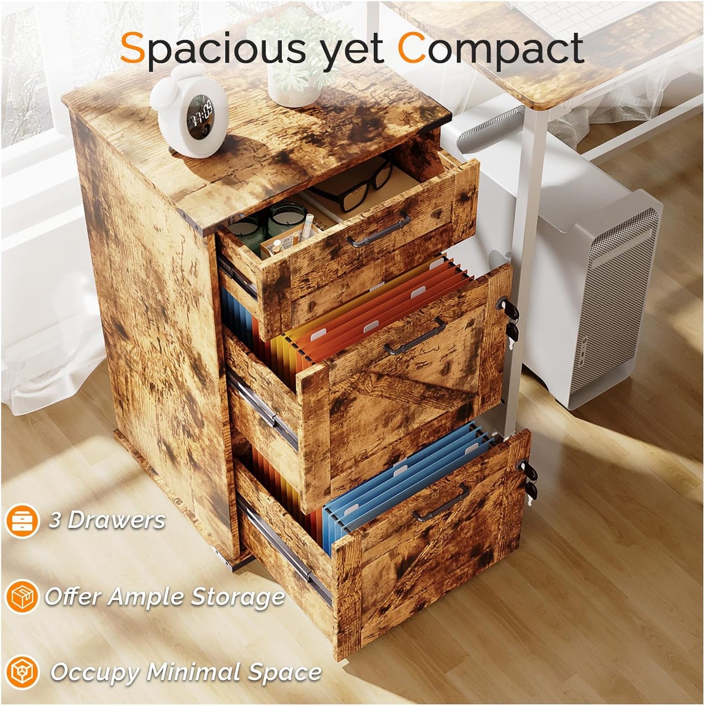 VINGLI 3 Drawer File Cabinet with Lock, Home Office Filing Organizer, for Letter Size File Folder Storage, Modern Farmhouse Style, Wood Vertical Filing Cabinet, Archivador (Rustic Brown)