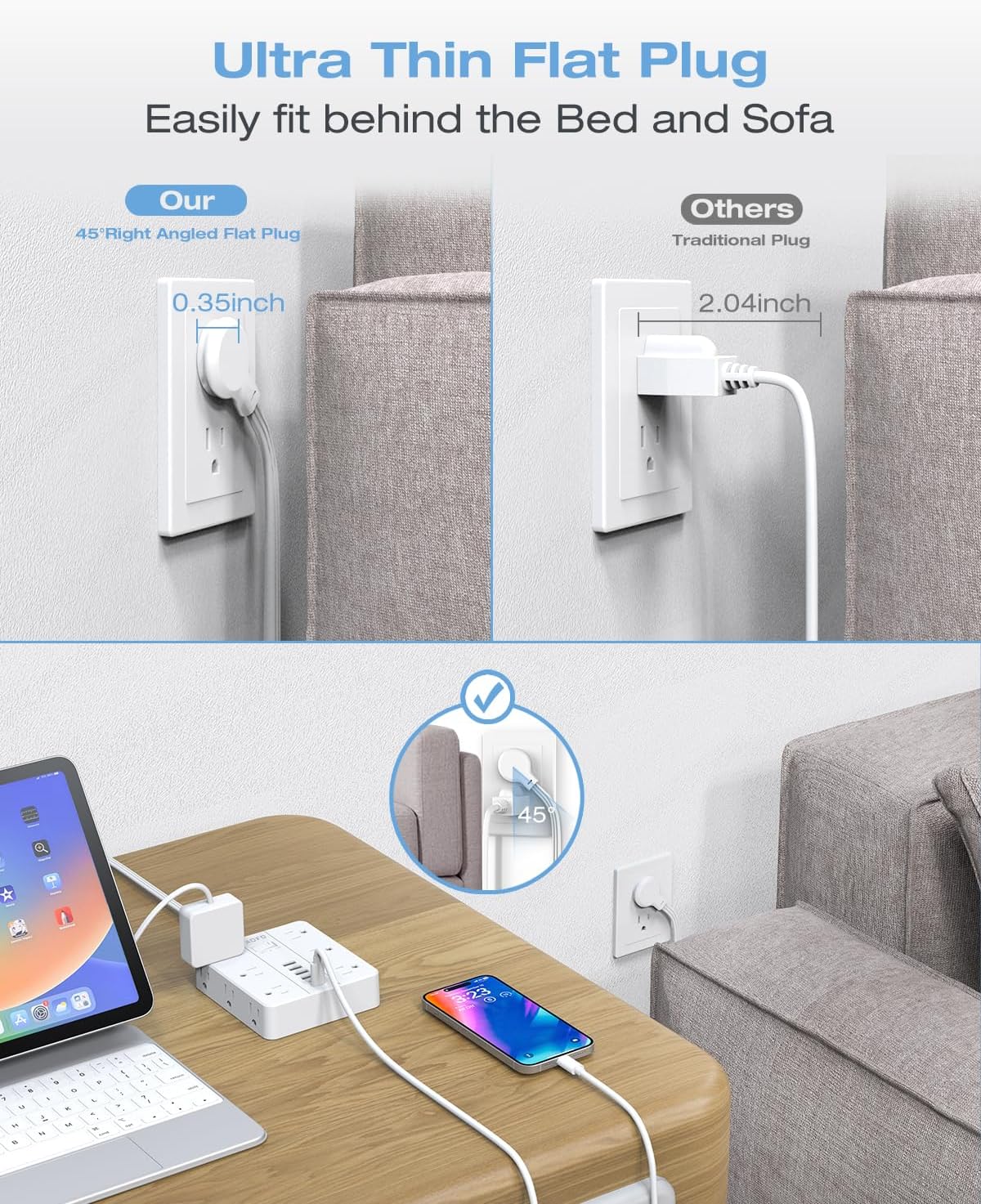 20FT Surge Protector Power Strip,12 AC Outlets with 6 USB Ports (2 USB-C), Flat Plug Extension Cord with Multiple Outlets, Wall Mount for Home Office,Dorm, White