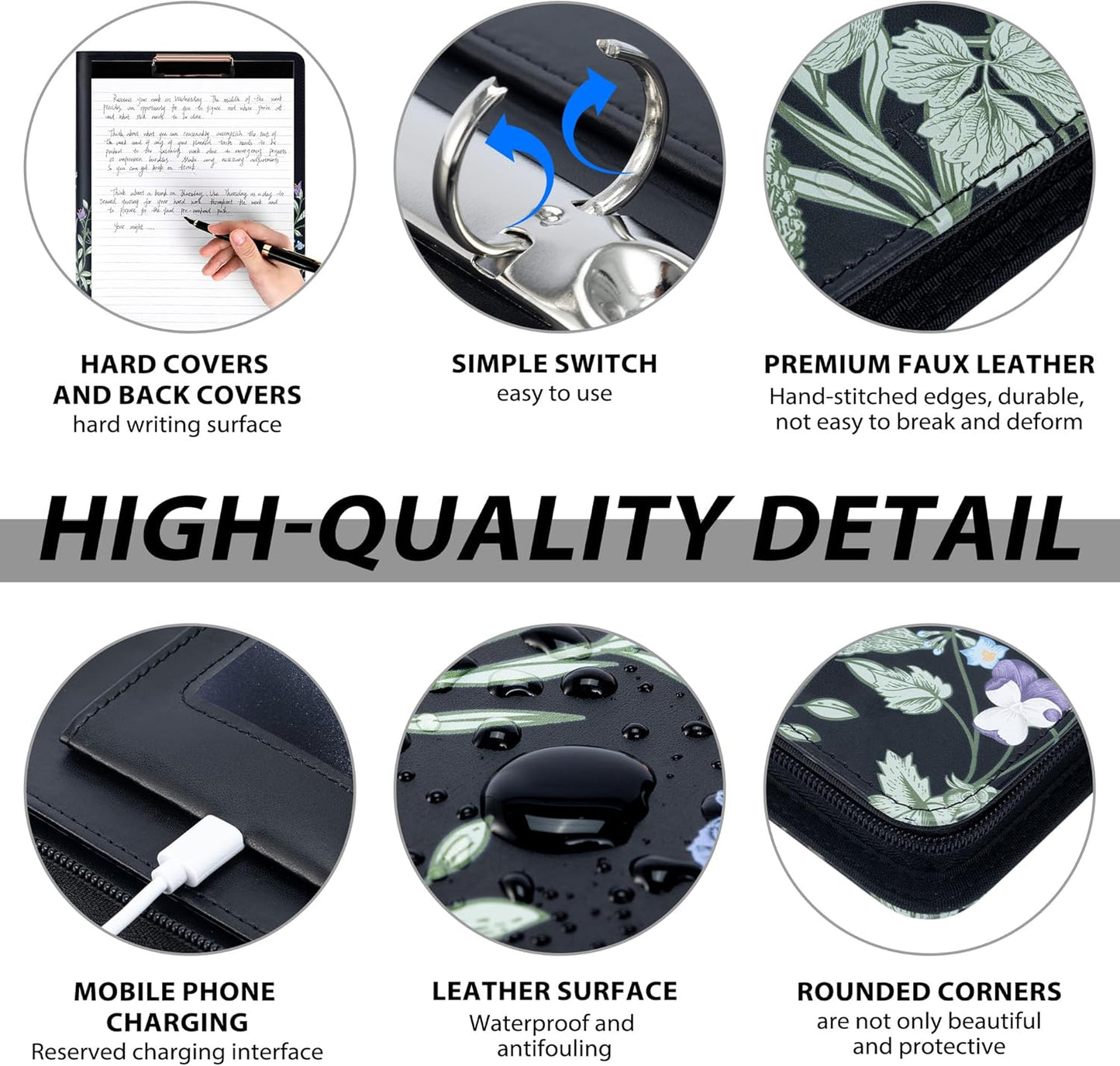 Leather Clipboard with Storage, Zippered Padfolio Portfolio Organizer, 3 Ring Binder 1 Inch, Notepad, Tablet Sleeve, 5 Dividers with Pocket, Stickets for Office Nurses Students, Teachers Night Flowers