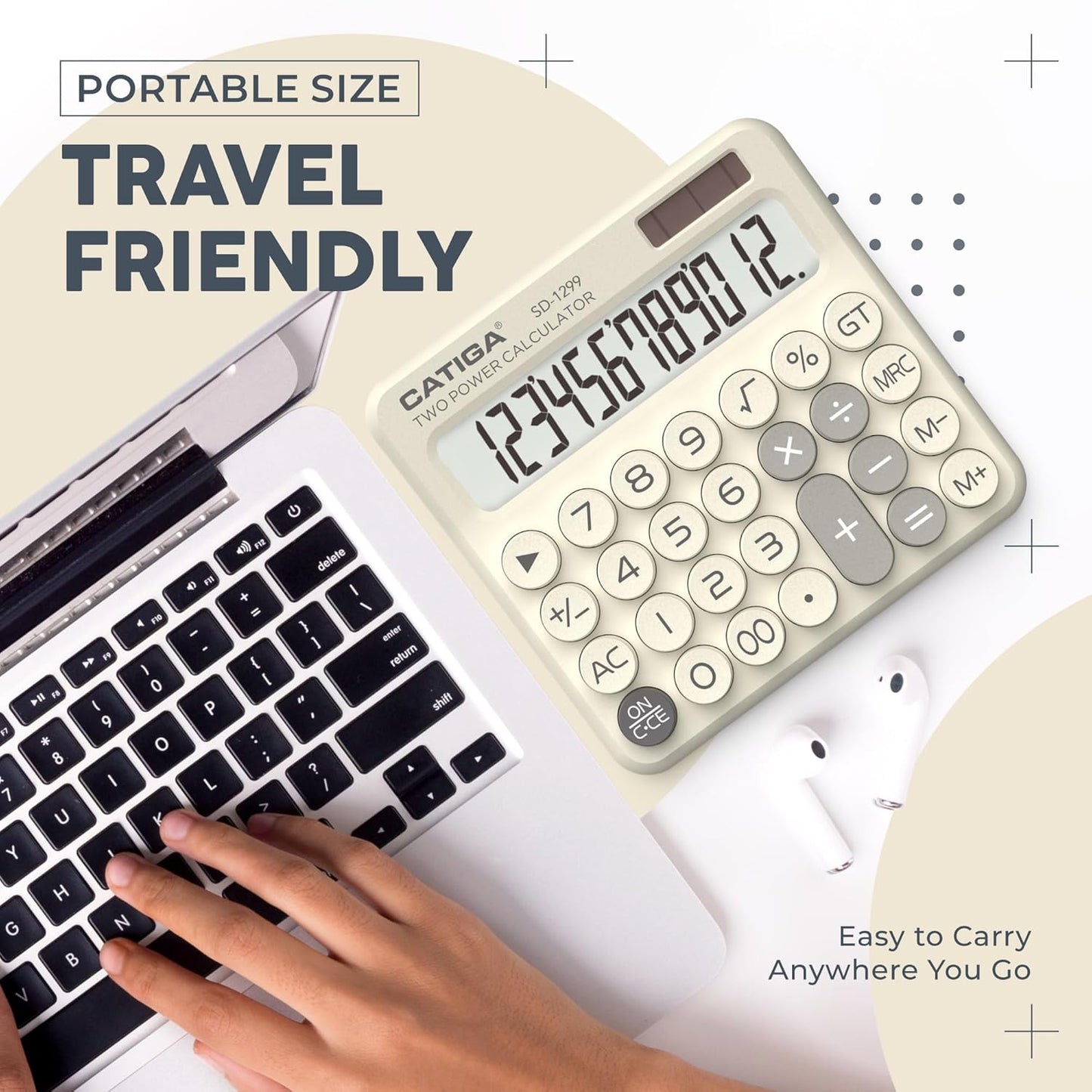 CATIGA Mechanical Switch Calculator with Solar and Battery Dual Power, 12-Digit Large LCD Display, Aesthetic and Cute Desktop Calculator with Big Button, for Home, School and Office Use, SD-1299