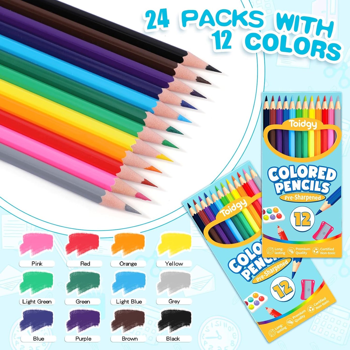 288 Count Colored Pencils Bulk, 24 Packs Colored Pencils for Kids 12 Colors, Pre-sharpened Coloring Pencil for Adults, Bulk School Supplies for Teachers, Back to School Supplies, Classroom Prizes