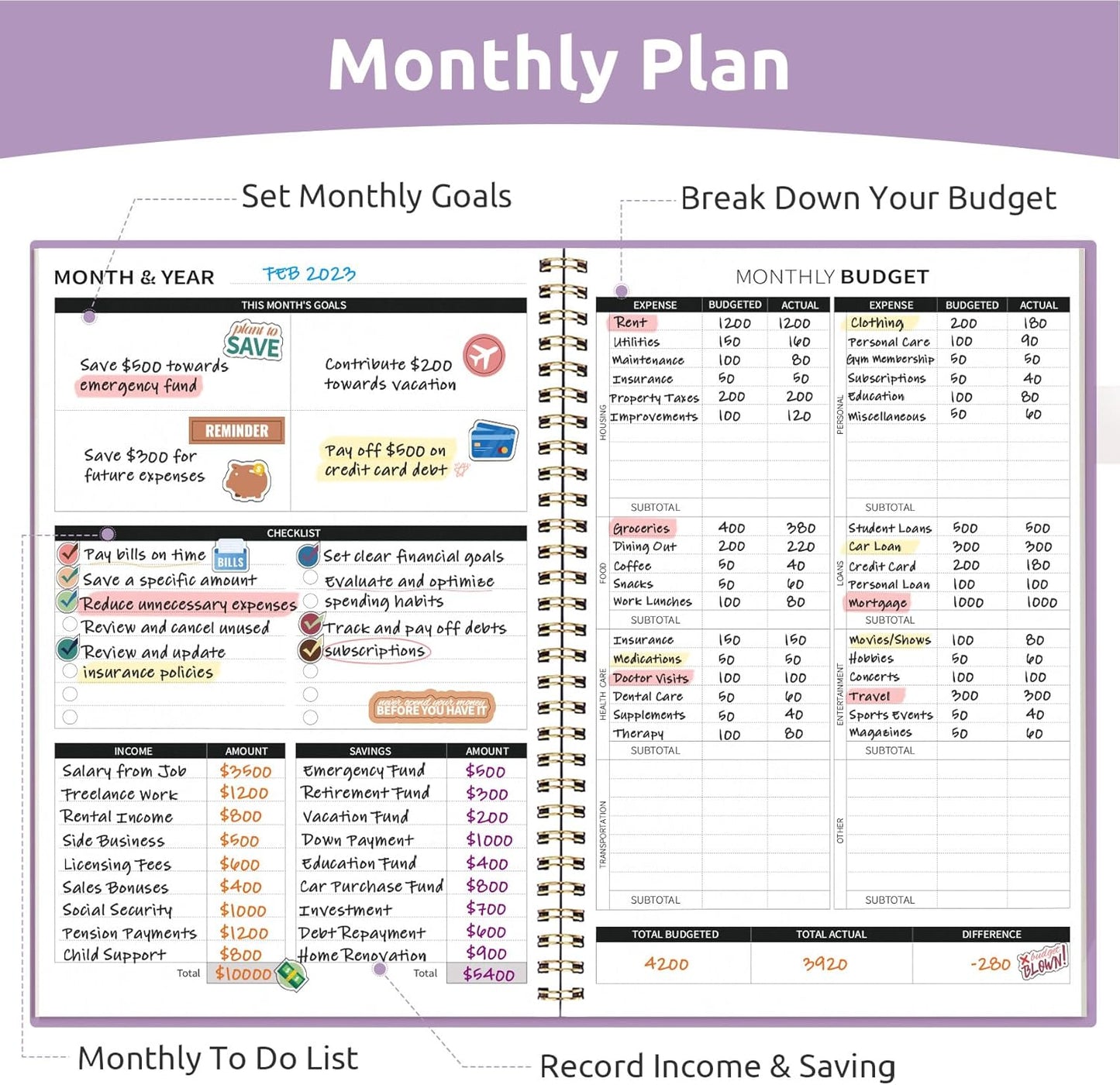 Aesthetic Budget Planner - Monthly Finance Planner with Expense Tracker Notebook, Undated Bill Organizer to Manage Your Finances, Account Book with Colorful Pattern-Purple Blocks