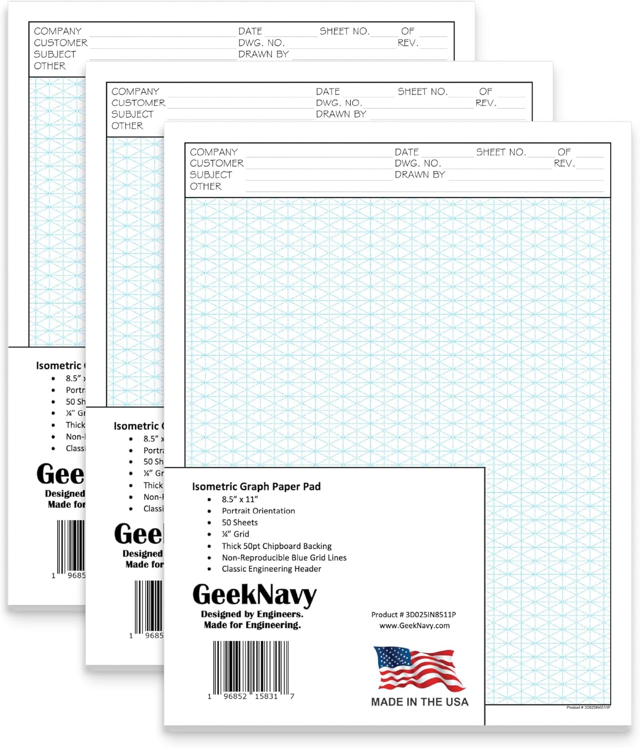 8.5" x 11" Isometric Graph Paper 50 Sheets Portrait - 0.25" Grid, Non-photo Blue, High Brightness, Drafting, Engineering, Art, 3D Design (3-Pack)