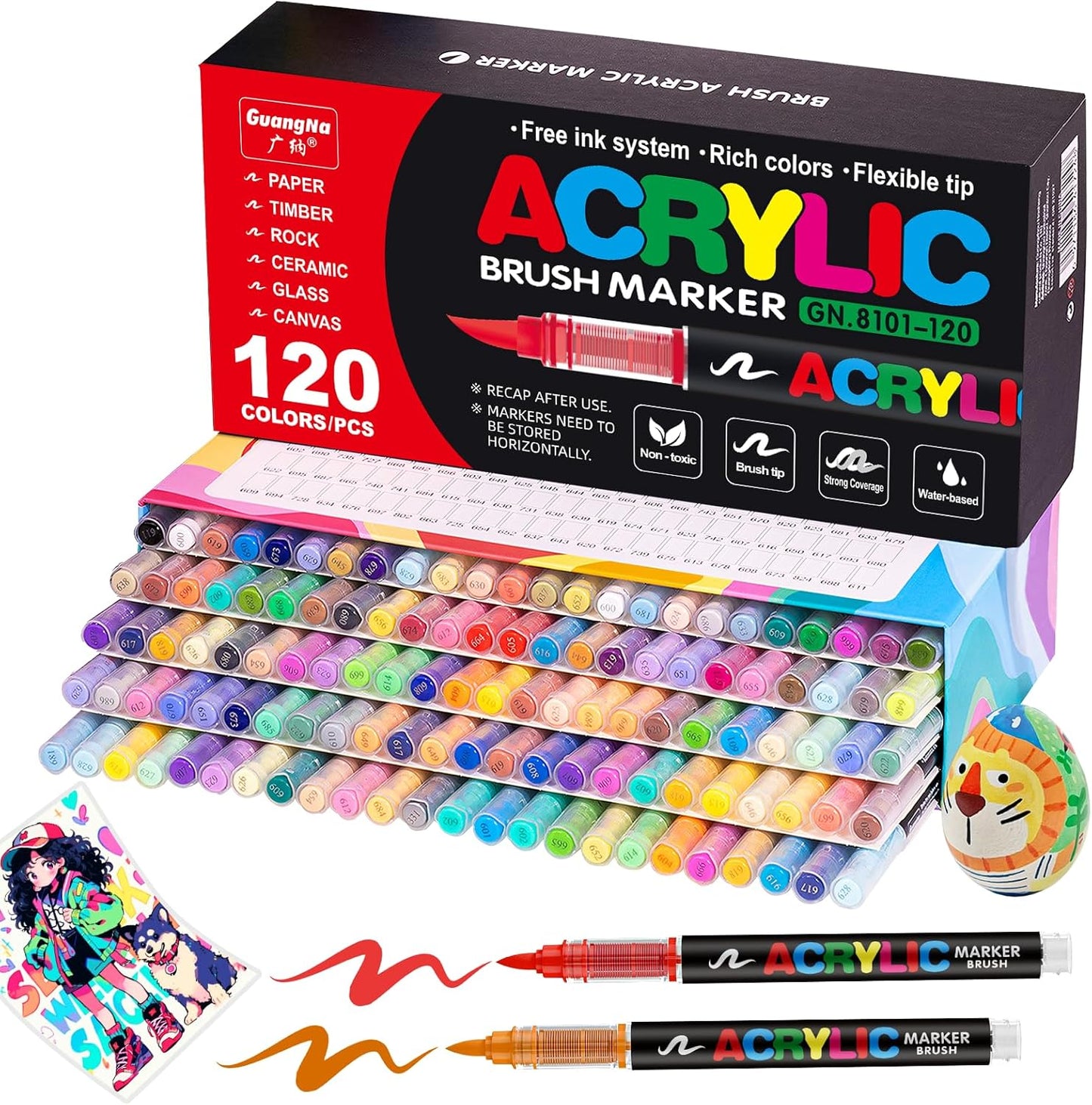 JRQ 120 Acrylic Paint Markers Paint Pens - Direct Liquid System & Brush Tip, Acrylic Markers for Wood, Rock Painting, Glass, Canvas, Ceramic, Fabric, Plastic, DIY Art Crafts Supplies
