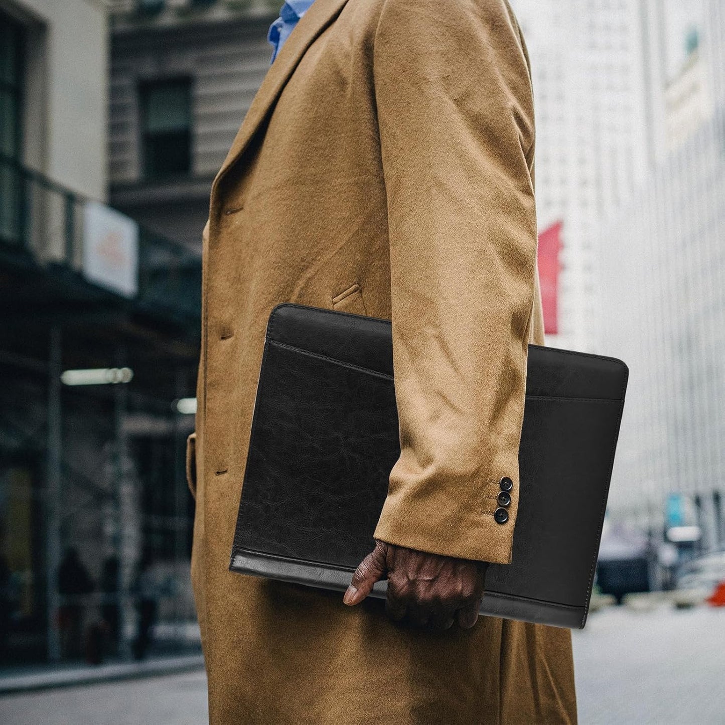 Vegan Leather Portfolio with Front Pocket for Men and Women, 8.5 x 11 Legal Pad Notepad Holder, Zippered Business Organizer, Professional Executive Letter Notebook Folder for Work, Black