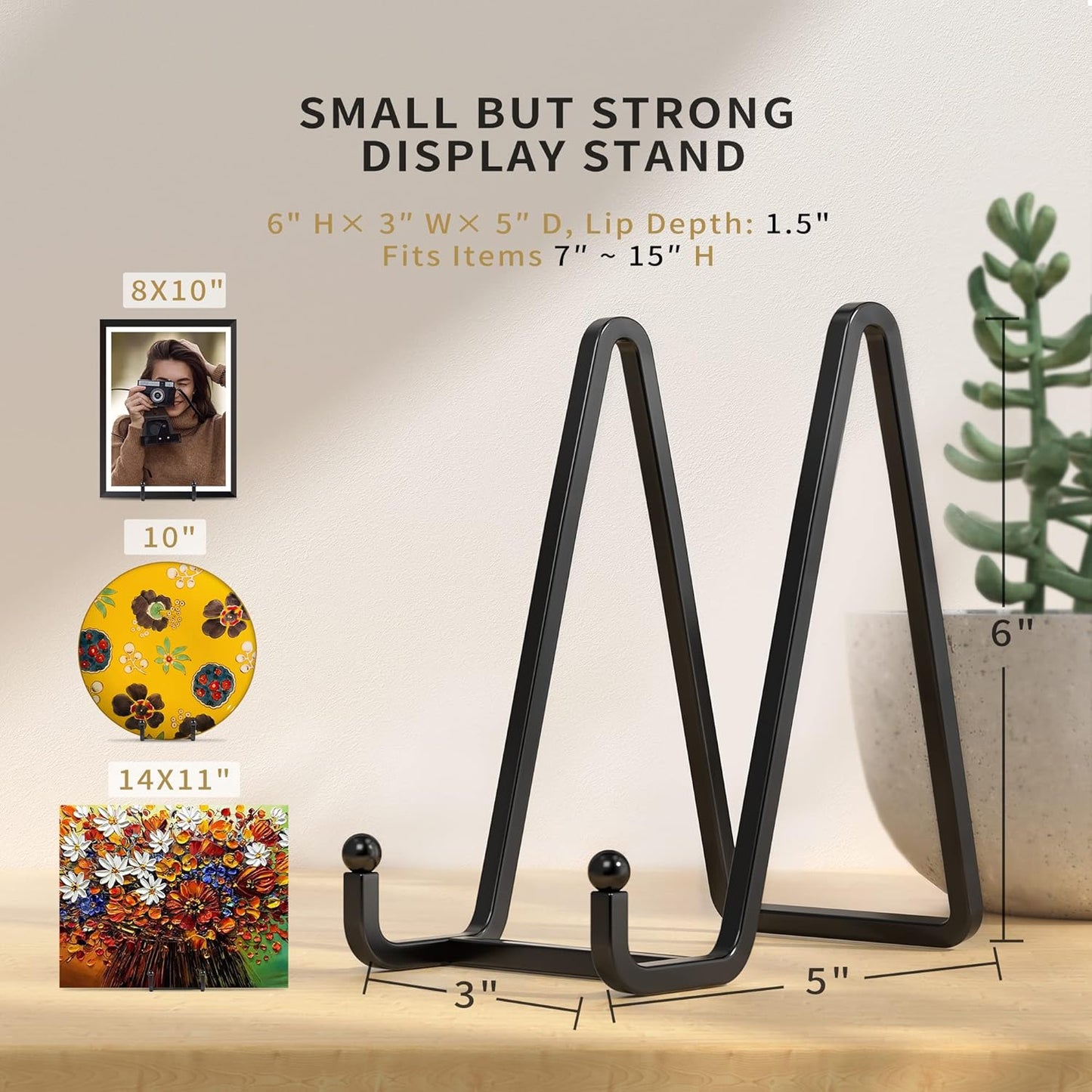 6 Inch Metal Square Picture Frame Easel Stands for Plates, Photos, Decor (Black, 2 Pack)