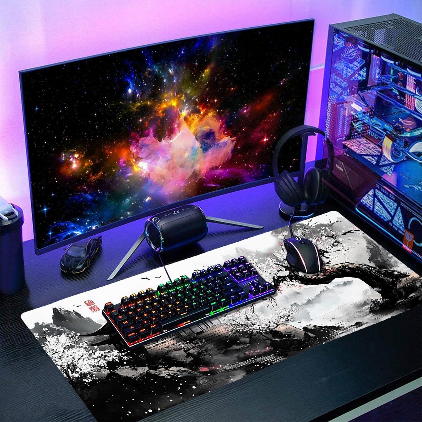 Black Whtie Japanese Gaming Mouse Pad XXL Anime Sakura Cherry Blossom Tree Extended Large Mat Mousepad Desk Pad Non-Slip Rubber Base Stitched Edge Keyboard Pad Playmat for Computer,35.4×15.7 Inch