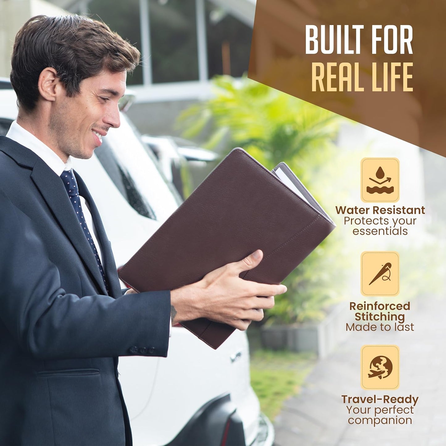 STYLIO Padfolio Portfolio Organizer Binder (Walnut Color) | Interview Resume Folder, Document, Business Card Holder |w/Letter-Sized Notepad | Handsome Brown Faux Leather Folio Matte Finish