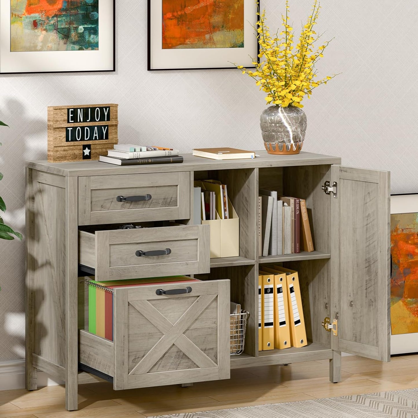 Lateral File Cabinet with 3 Drawers and Door, Farmhouse File Cabinet with Adjustable Shelf for Letter/A4 Size Hanging Files, Printer Stand with Storage Cabinet for Home Office Furniture, Grey