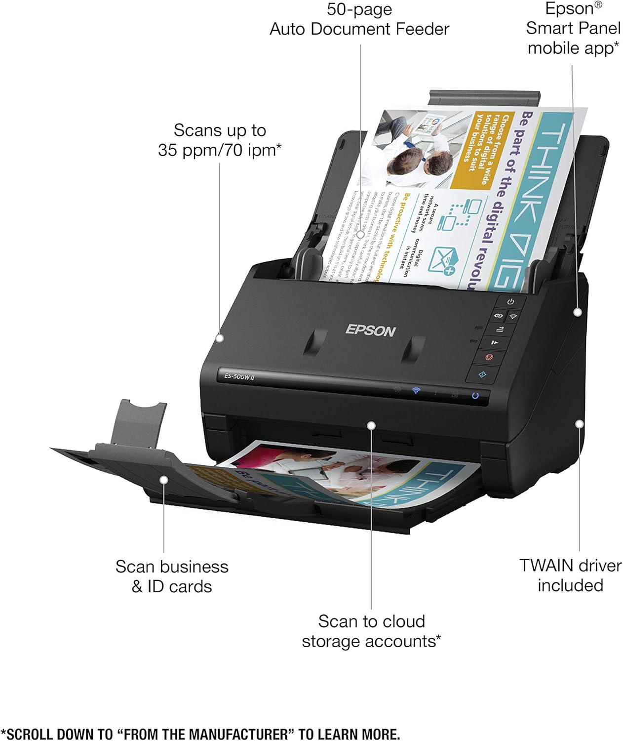 Epson Workforce ES-500W II Wireless Color Duplex Desktop Document Scanner for PC and Mac, with Auto Document Feeder (ADF) and Scan from Smartphone or Tablet (Renewed)