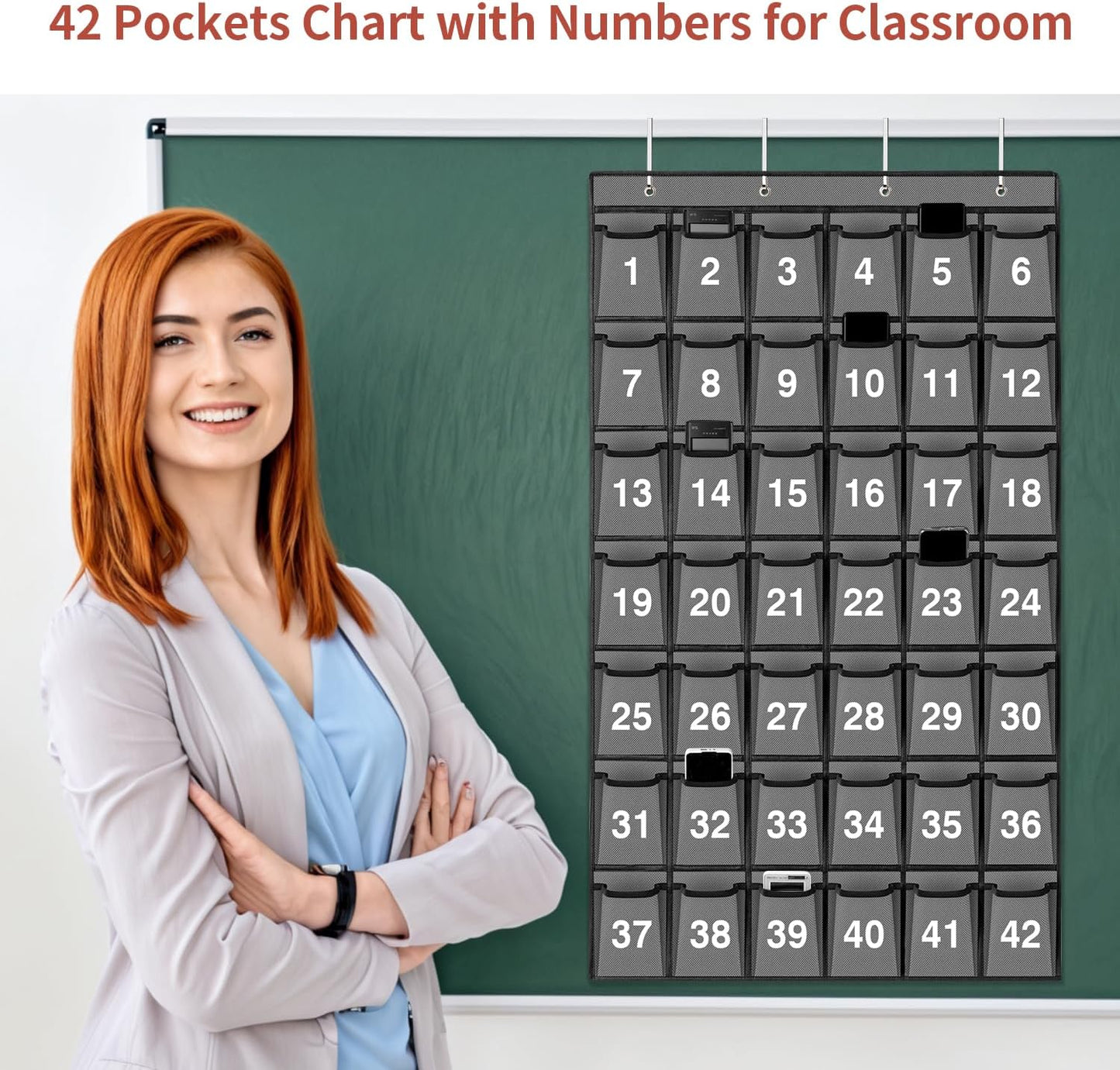 42 Pockets Numbered Classroom Pocket Chart for Cell Phones, Hanging Pocket Chart Storage for Classroom Phone Calculator Holder with 4 Hooks and 42 Clear Numbers Printing (Grey-42pockets)