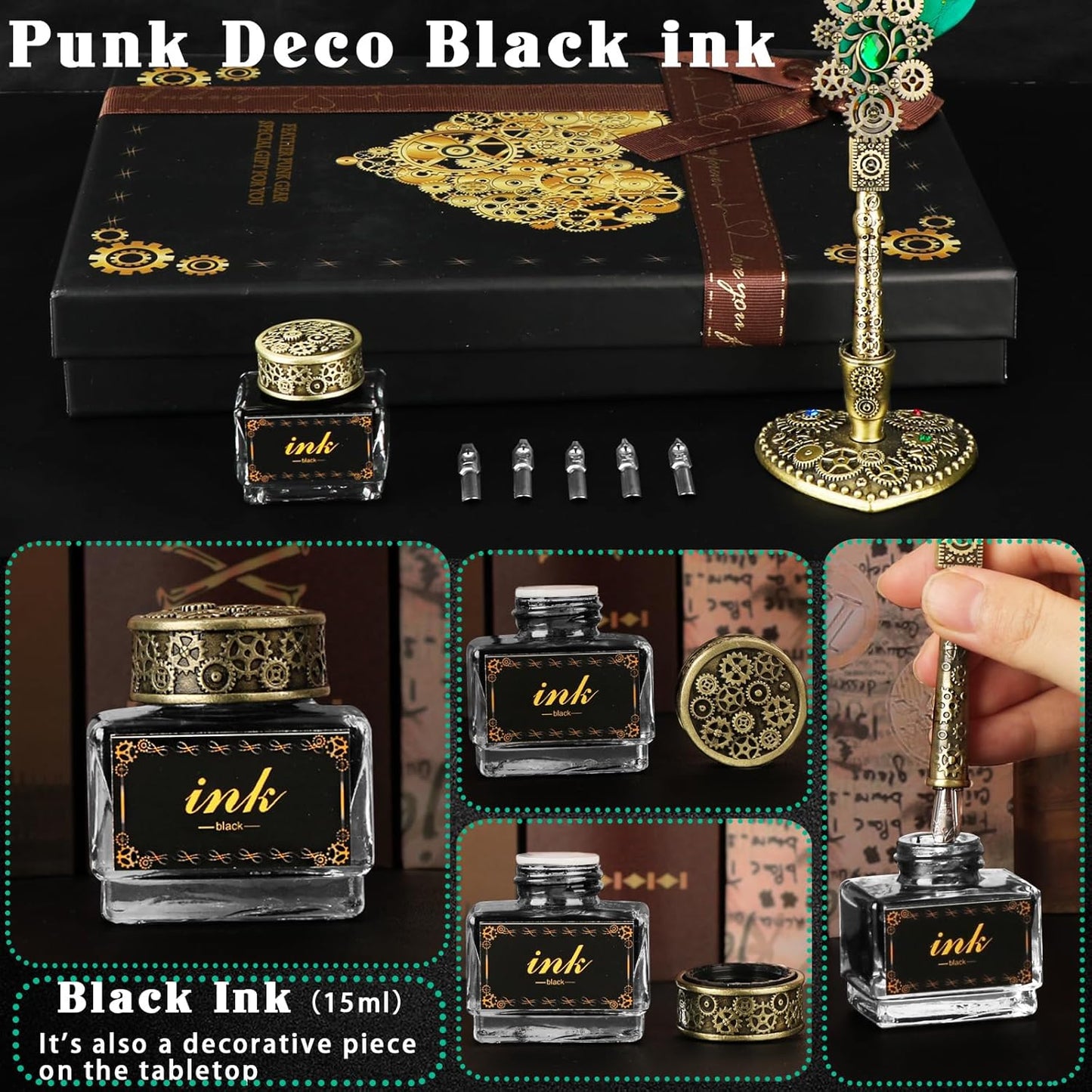 Aifeiter Quill Pen Ink Set, Feather Calligraphy Pen, Wax Seal Stamp, Beautiful Gift Calligraphy Set, Christmas Gifts - Green