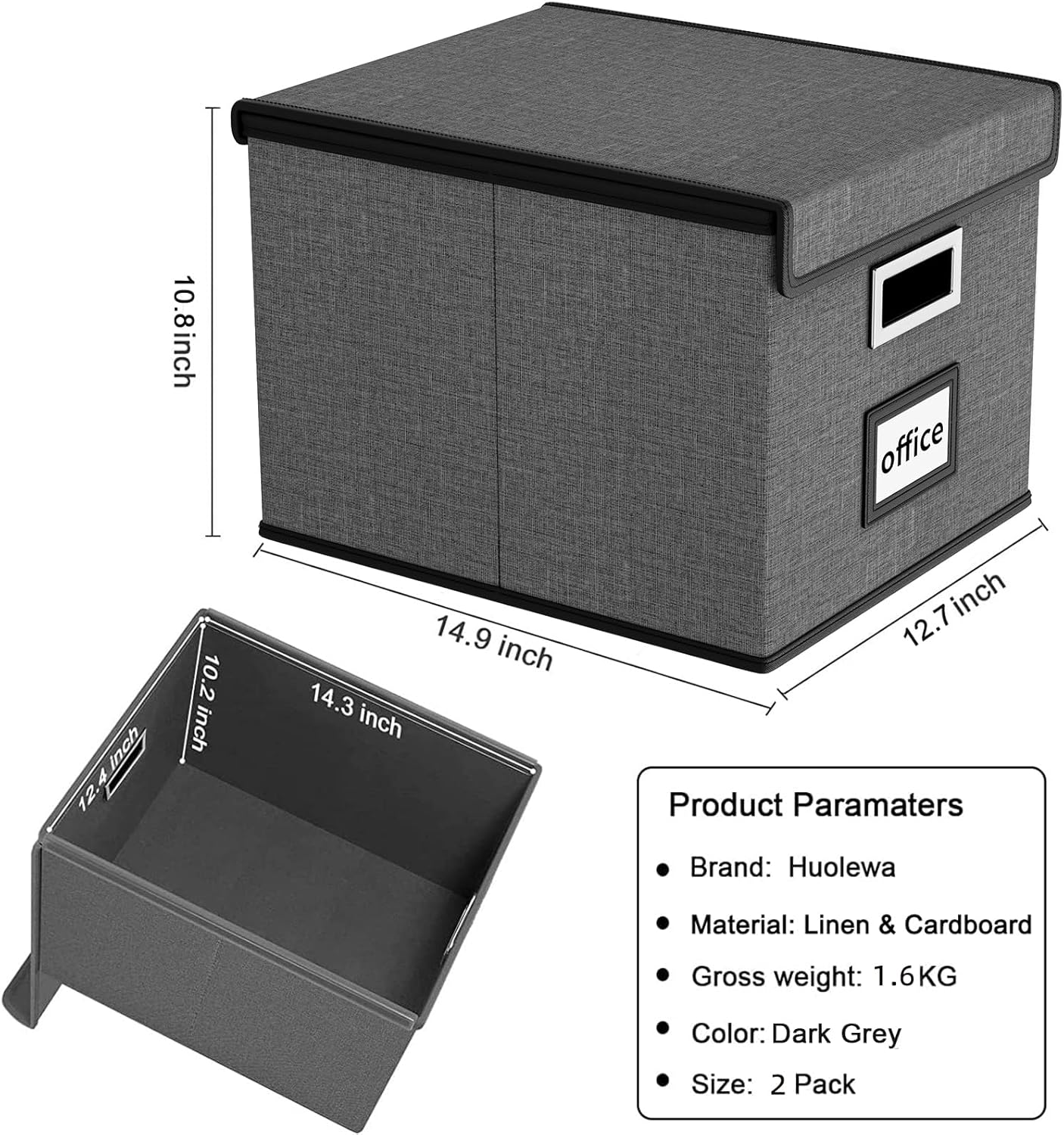Huolewa File Organizer Boxes with Lids, Linen Office Document Storage Boxes, Filing Boxes, Decorative Small File Boxes for Hanging Files with Plastic Slide for Office/Cabinet/Decor/Home