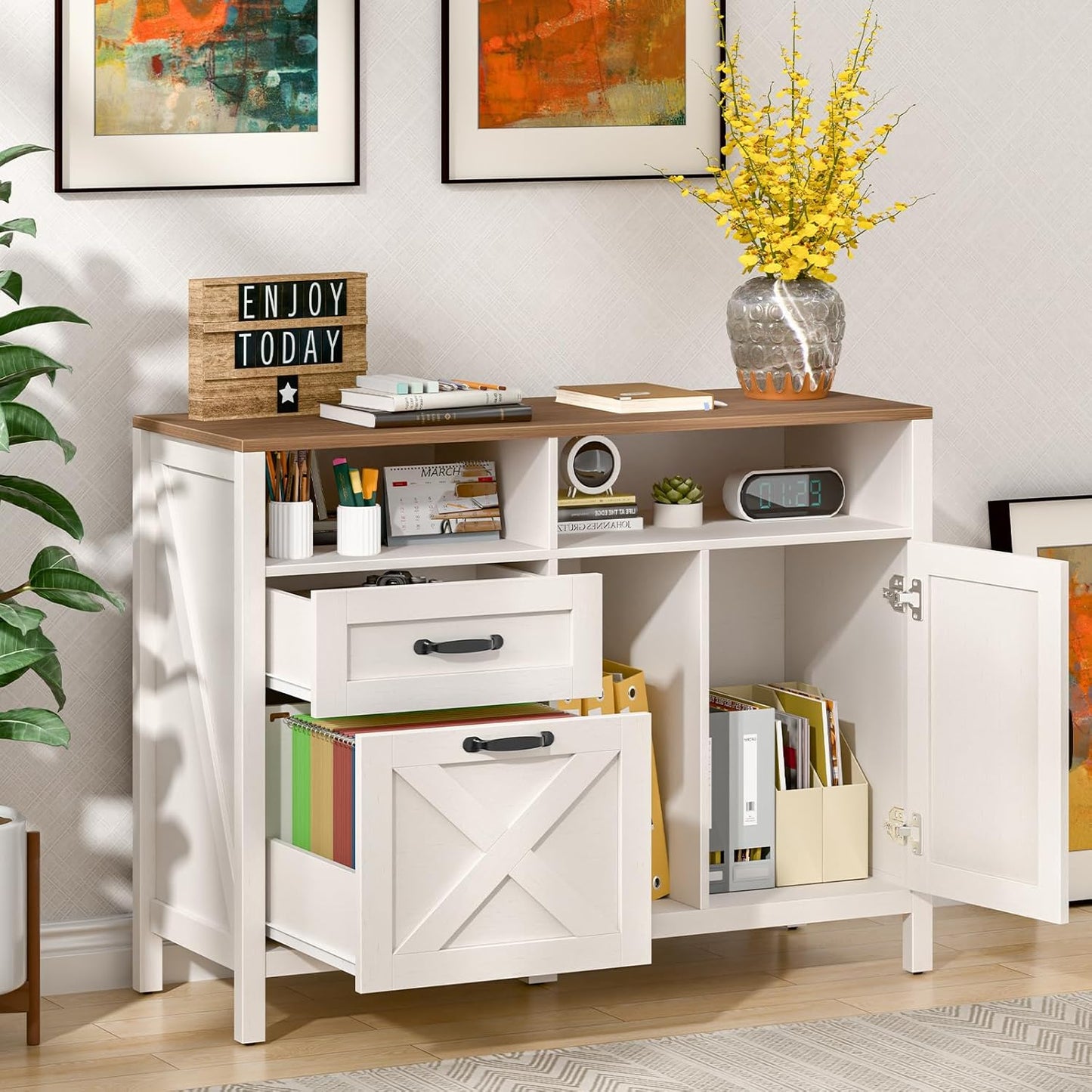 Lateral File Cabinet with 2 Drawers and Door, Farmhouse File Cabinet for A4/Letter Size Hanging Files, Large Wood File Storage Cabinets Printer Stand with Open Space for Home Office Furniture, White