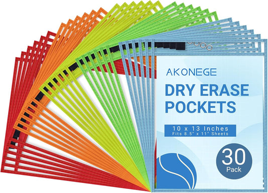 30 Pack Oversized Dry Erase Pocket Sleeves - 10 x 13 Inch Ticket Holders Reusable Clear Plastic Sleeves Sheet Page Protectors for School Teacher Supplies & Classroom Organization, 5 Colors
