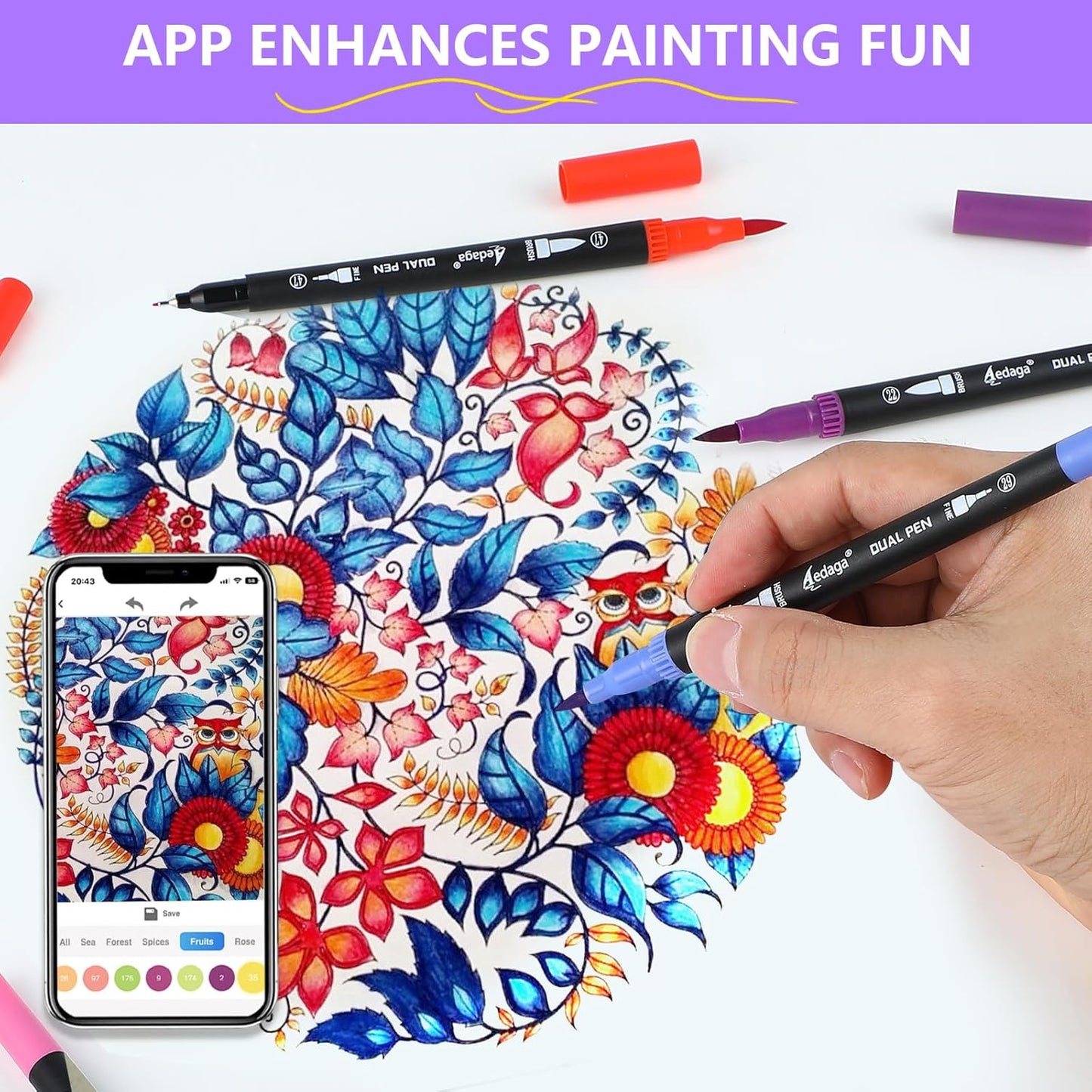 120 Colors Dual Brush Markers, Fine and Brush Tips Numbered Pens with App, for Adults and Kids, Coloring Book Bullet Journaling Note Taking Planner Hand Lettering Calligraphy Drawing Art Supplies Kit