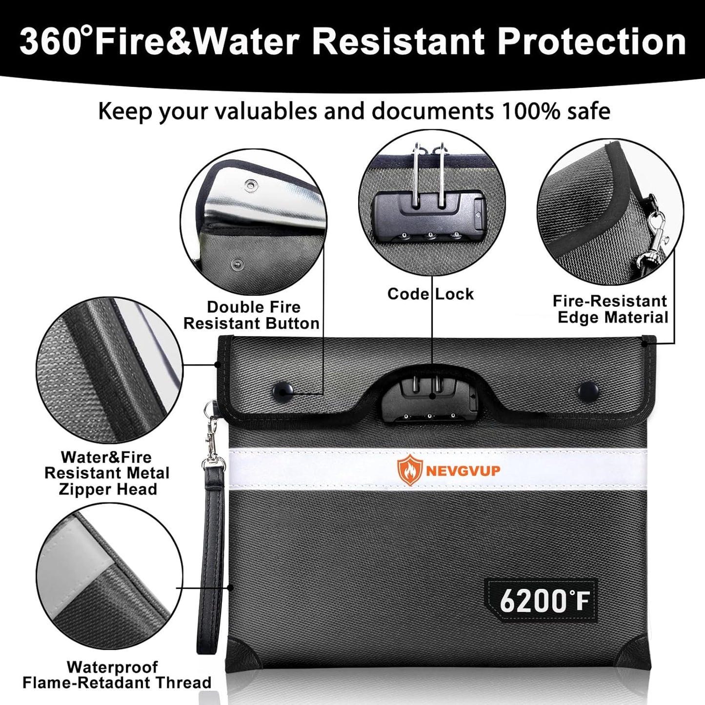 6200°F Upgraded Fireproof Document Bag with Lock, Fireproof Money Bag for Cash with Zipper/Reflective Strip, 9 Layer of Heat Insulated Material, Water Resistant Fire proof Bags for Documents,Fire Bags