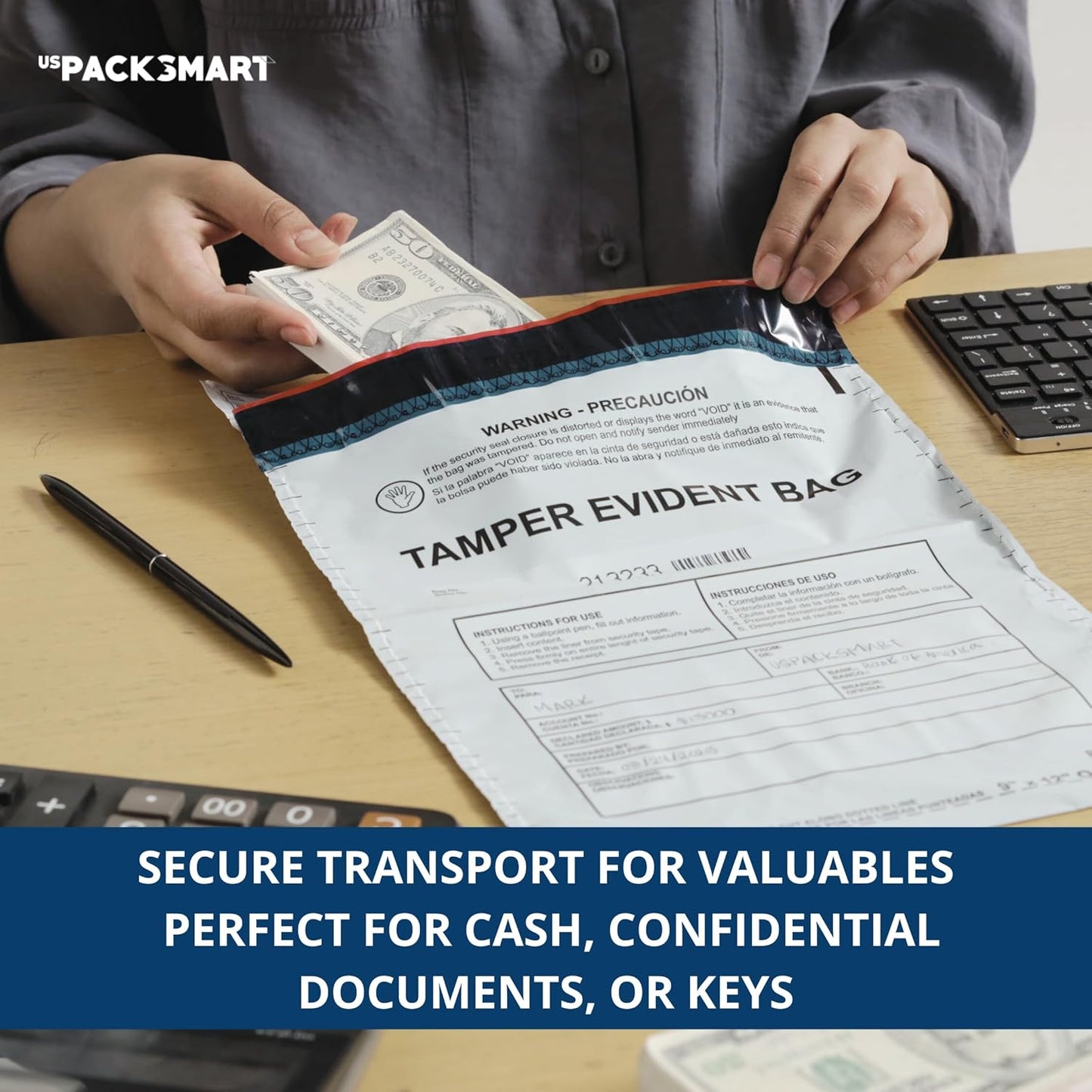 9”x12" Opaque Plastic Deposit Bags with Security Tape Tamper Evident - Secure Bank Deposits, Cash Handling, & Currency Transport | Self-Sealing Tape with Hidden Graphics | 100-Pack