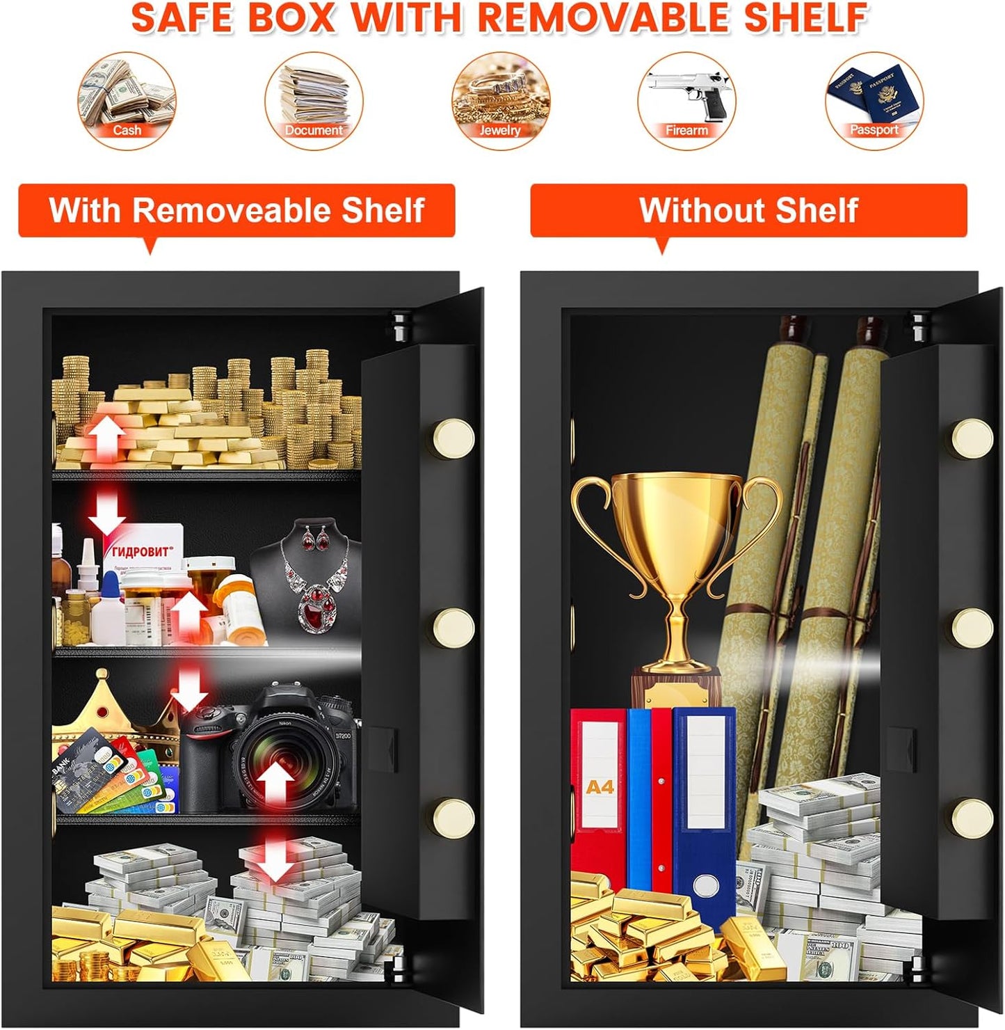 4.5 Cubic Large Fireproof Safe Box with Fireproof Document Bag, Personal Security Home Safe with 3 Removable Shelf, Anti-Theft Lock Box for Documents Money Jewelry Valuables