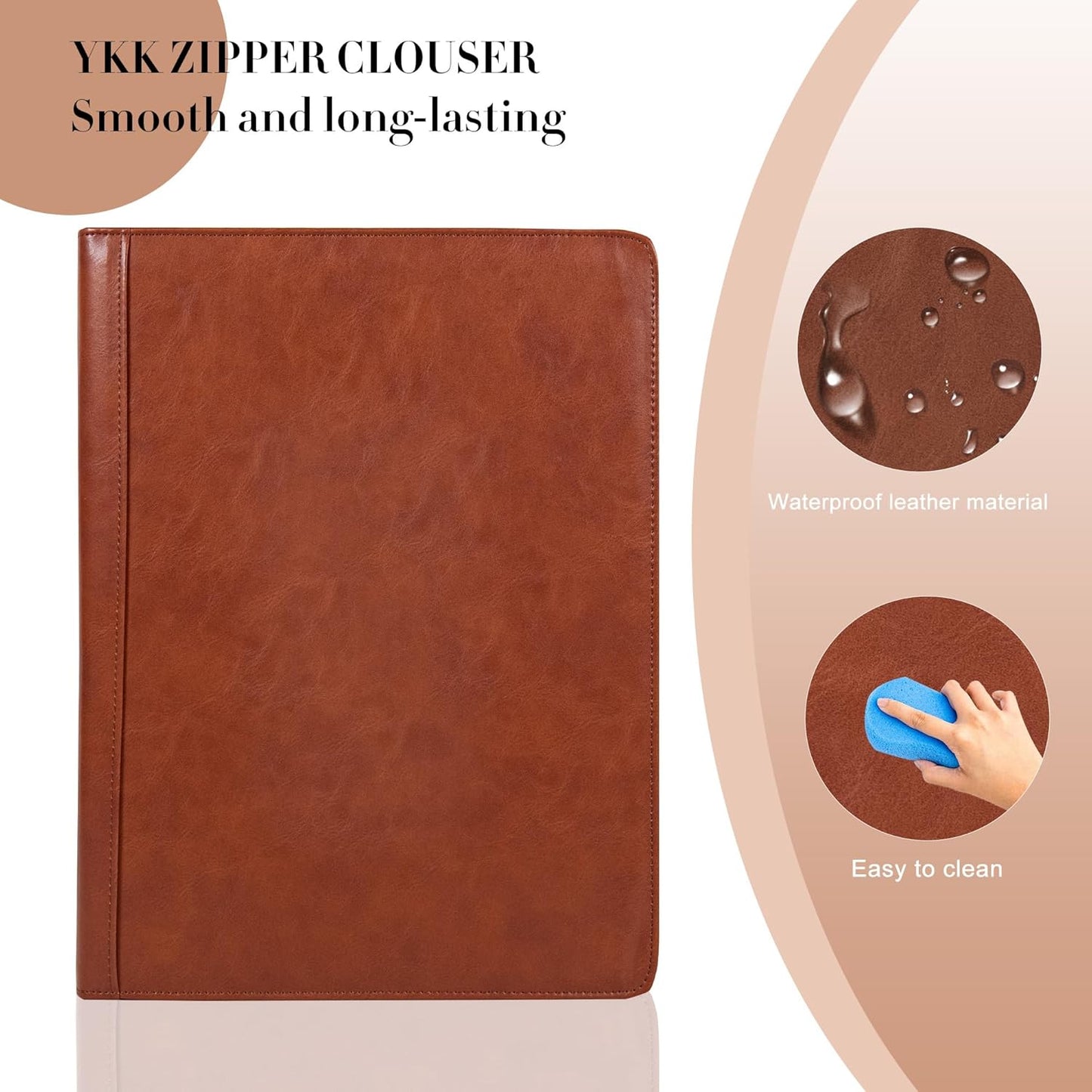 Padfolio with Zipper, Portfolio Binder, Leather Portfolio with Zipper for Men Women, Portfolio Organizer, Padfolio Business Resume A4/Pad, Brown