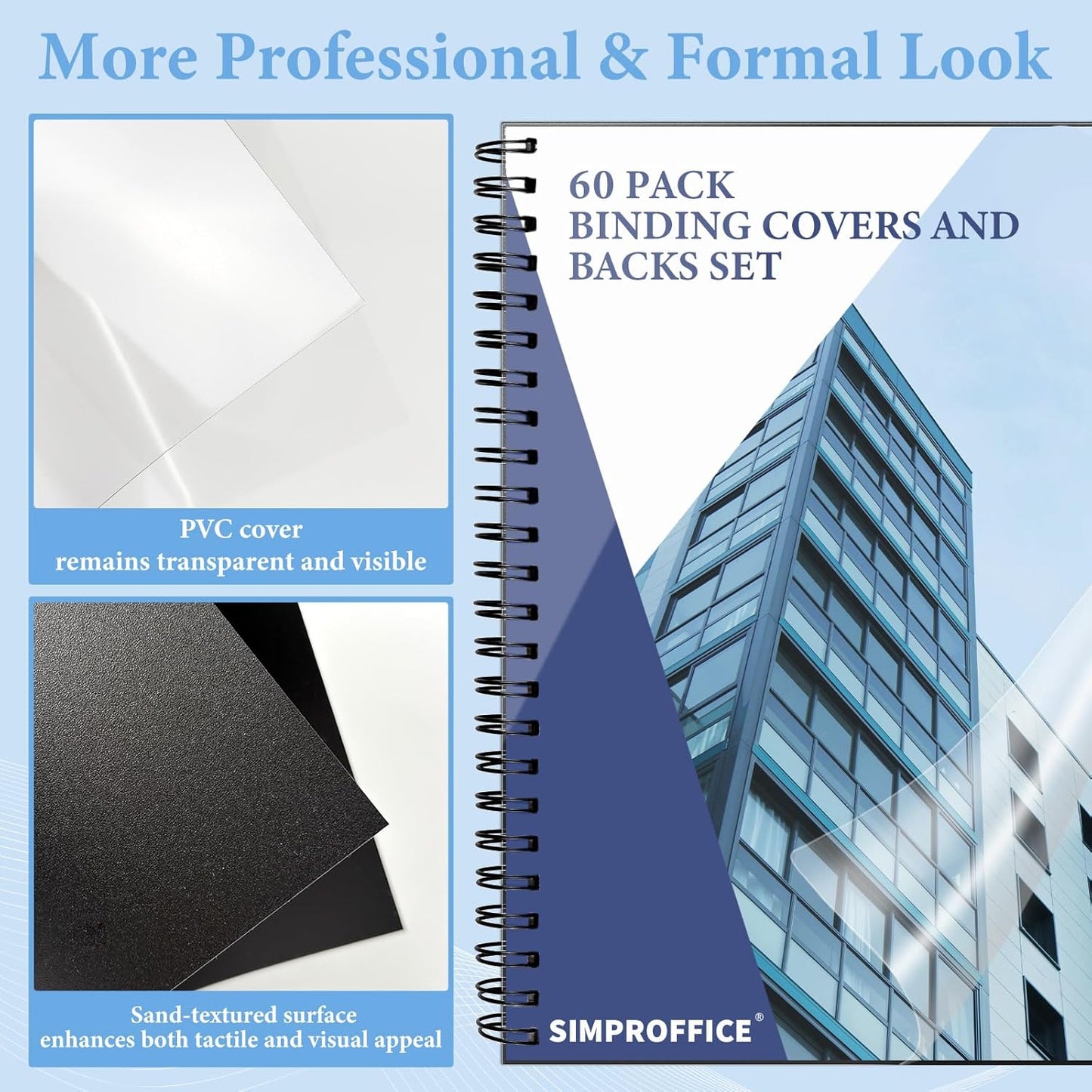 60 Pack Binding Covers and Backs Set, 8.5 x 11 Inches, 30P Clear PVC Covers (10 Mil), 30P Black Sand-Textured Polycovers (12 Mil), Presentation Covers for Binding, Letter Size