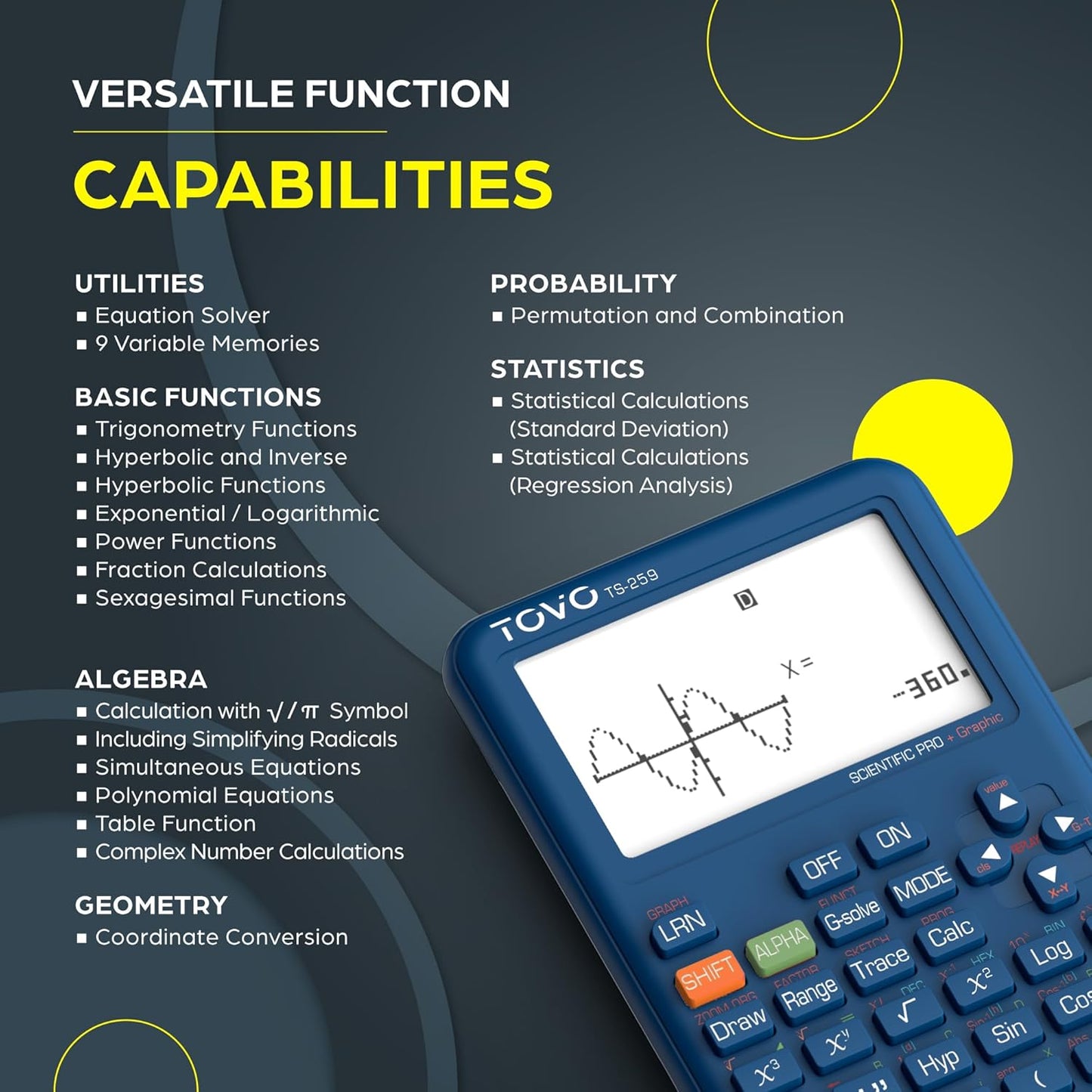 TOVO Scientific Calculator with Graphing Functions, Multiple Modes, 360 Functions, Large Screen, Intuitive Interface for Beginners, High School & Advanced Courses, TS-259 (Developed by CATIGA)