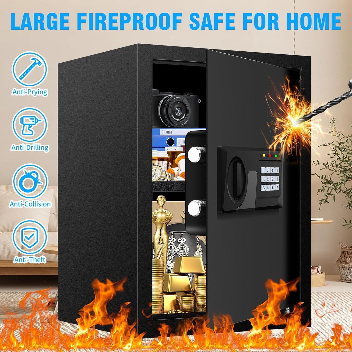 3.2 Cuft Large Fire Proof Safe for Home Documents, Digital Security Safety Box with Electronic Keypad and Keys, Anti-Theft Fire Safes for Home, Fireproof Box for Money Firearm Medicine Valuables