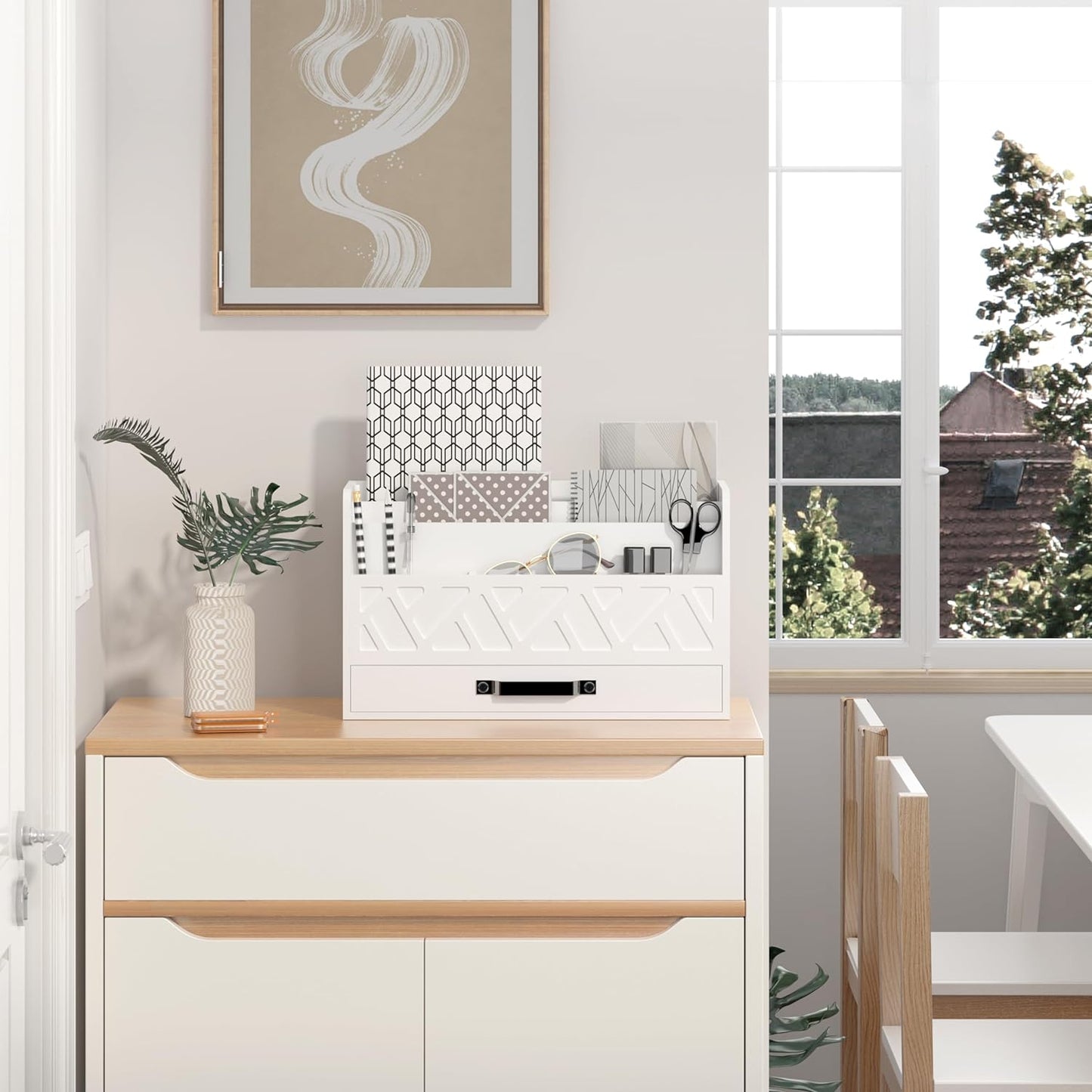 Bamboo Mail Organizer Countertop Wood Desk Organizer Drawer Tabletop Storage Box Letter Sorter Makeup Organizer for School Home Office Supplies White