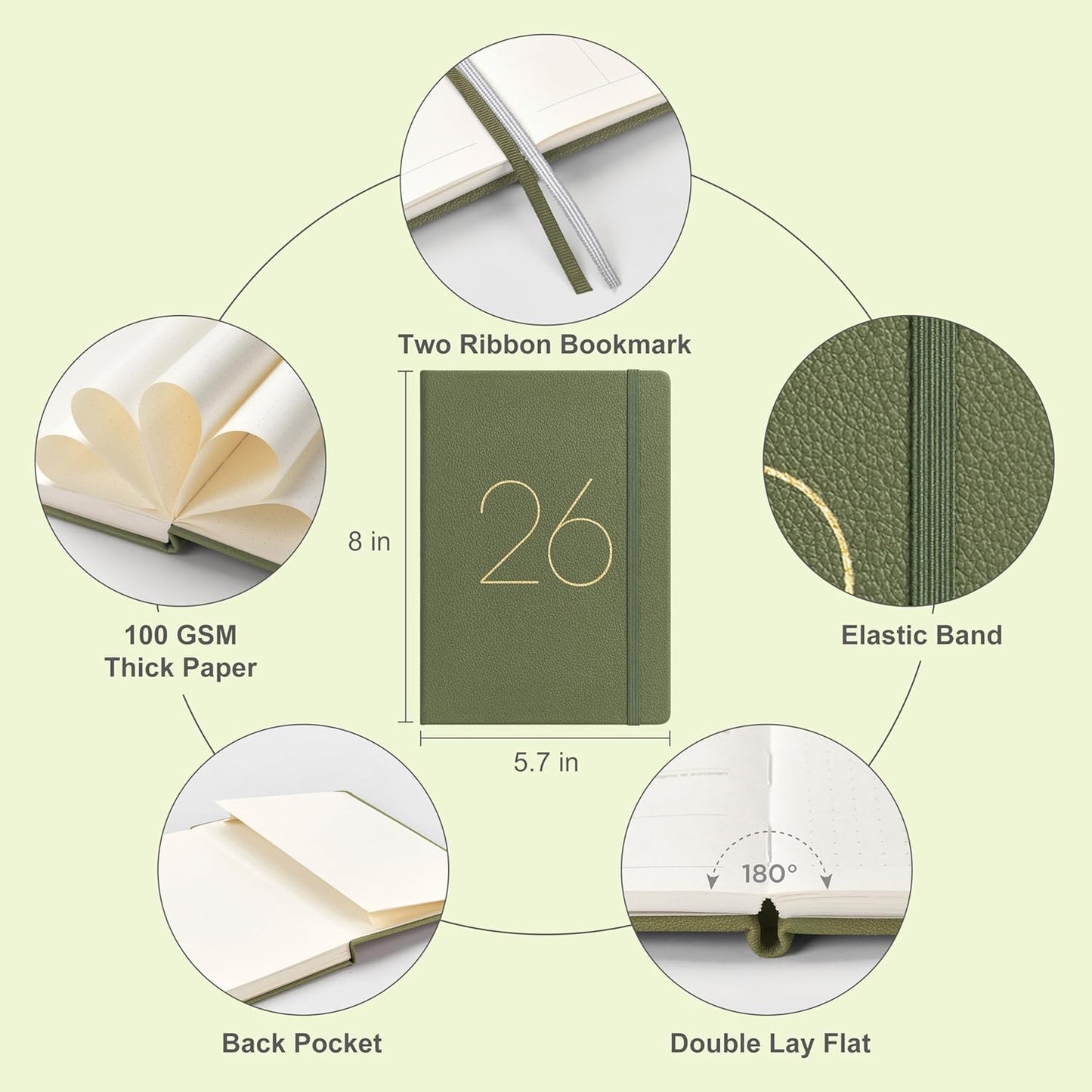 And Per Se 2026 Planner-Daily, Weekly & 15-Monthly Leather Hardcover Planner, 5.7" x 8", Daily Schedule, Monthly Tabs, 100 GSM Thick Paper, Back Pocket(Olive Green)