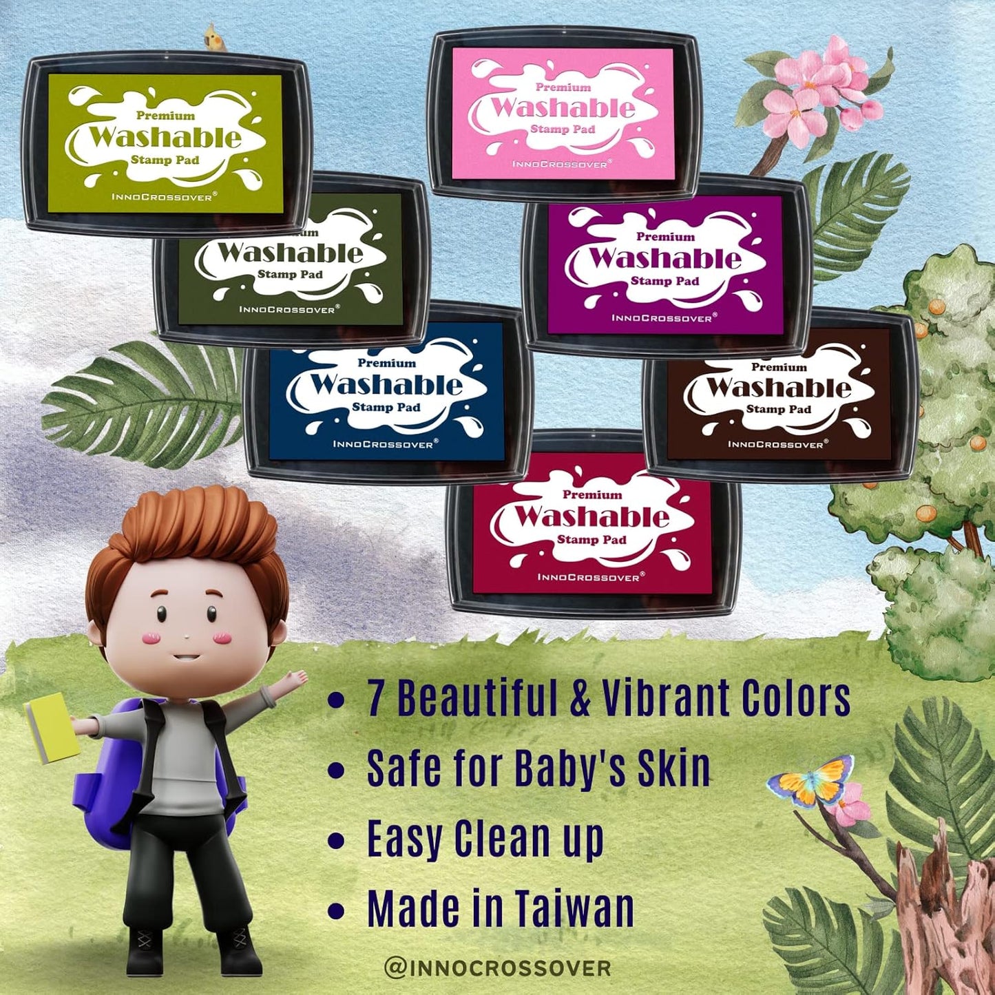 7 Washable Ink Pad, Stamps for Kids, Kids Crafts, Paw Print Kit, Baby Footprint Kit, Stamp Pads for Baby Shower on Scrapbooking, Fingerprint Ink Pad, Easy to Wash Off Skin| Large | Safe Non-Toxic