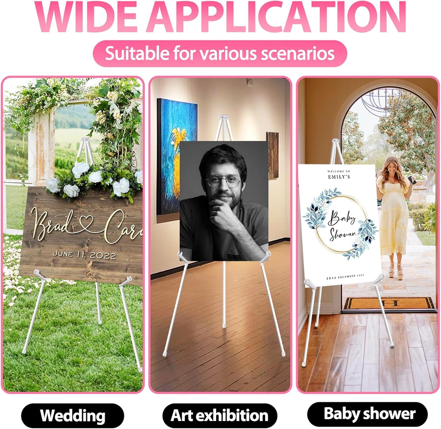 63" White Easel Stand for Wedding Sign Poster Display Easel Folding Art Easel for Floor Adjustable Metal Easel Instant Tripod Easel for Display Painting Wedding Shower Sign Easel, 1Pack