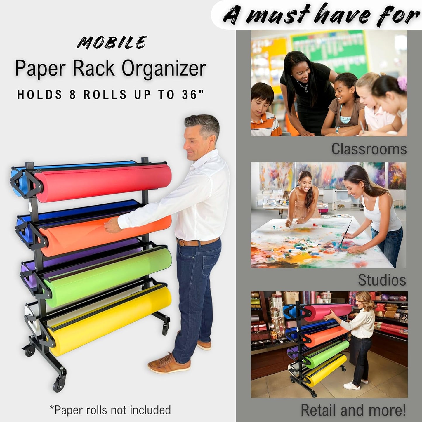 Paper Roll Holder, Dispenser Rack and Cutter - 8 Racks for Large, 36" Butcher, Craft, Gift Wrap & Art Kraft Rolls – Durable, Mobile Rolling Organizer with Ceramic Blade for Classroom, Studio & Retail