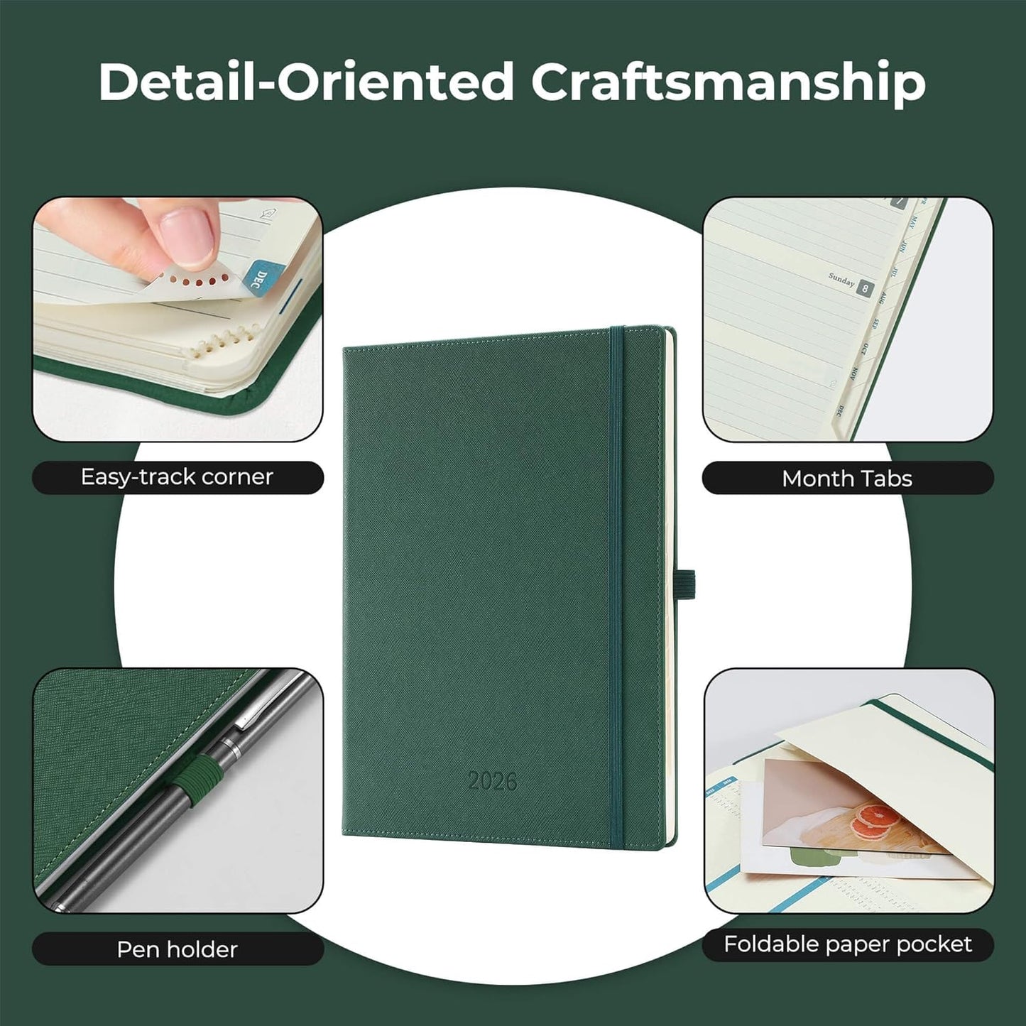 IN-LUXPRO Weekly Monthly 2026 Planner (Jan.26-Dec.26),11.5"x8.5",12 Months Agenda Plan with Month Tabs & Pocket,Expenses/Note Pages, Appointment Book Calendar with Hardcover Vegan Leather Cover,Green