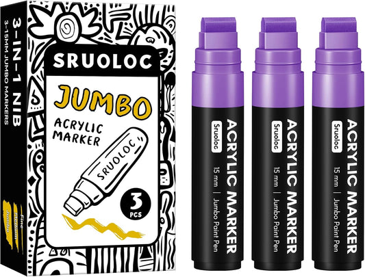 3 Jumbo Permanent Markers Purple, 15mm Thick Wide Tip, Large Acrylic Paint Markers for Rock Painting, Poster, Graffiti, Stone, Ceramic, Glass, Wood, Canvas