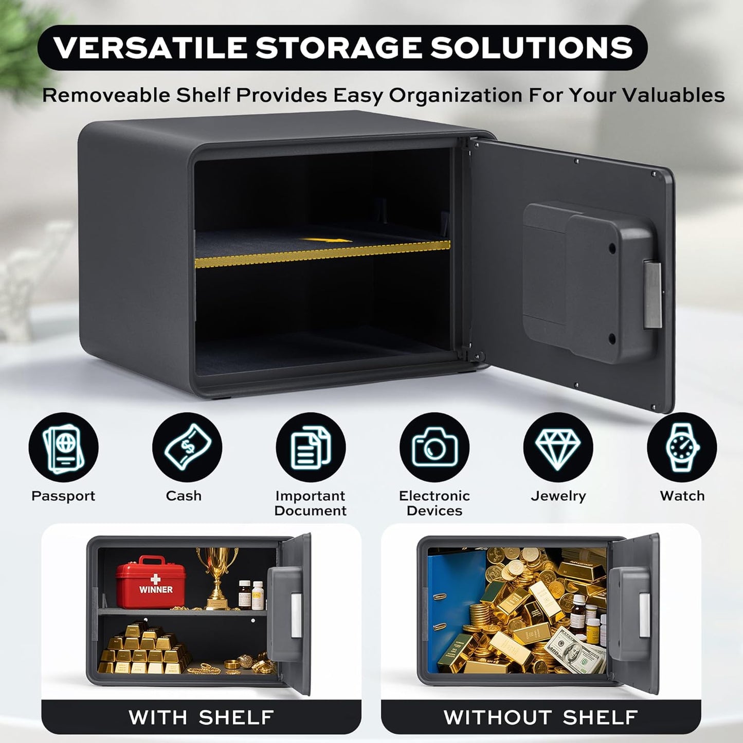 Biometric Safe for Home, 0.6 Cube Feet Auto-Open Fingerprint Safe with Touch Screen, Alarm System & Removable Shelf, Small Money Box for Cash, Jewelry, Documents, Home Office Use, Black