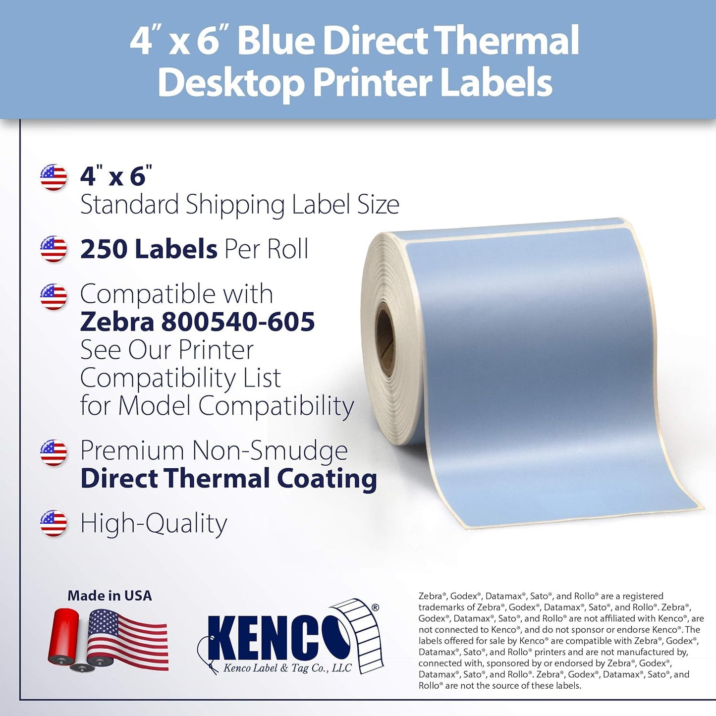 4" X 6" Direct Thermal Perforated Stickers Labels for Shipping Labels, Inventory, and Color Coding - Compatible with Zebra, Rollo, Godex and More (Blue, 6 Rolls)